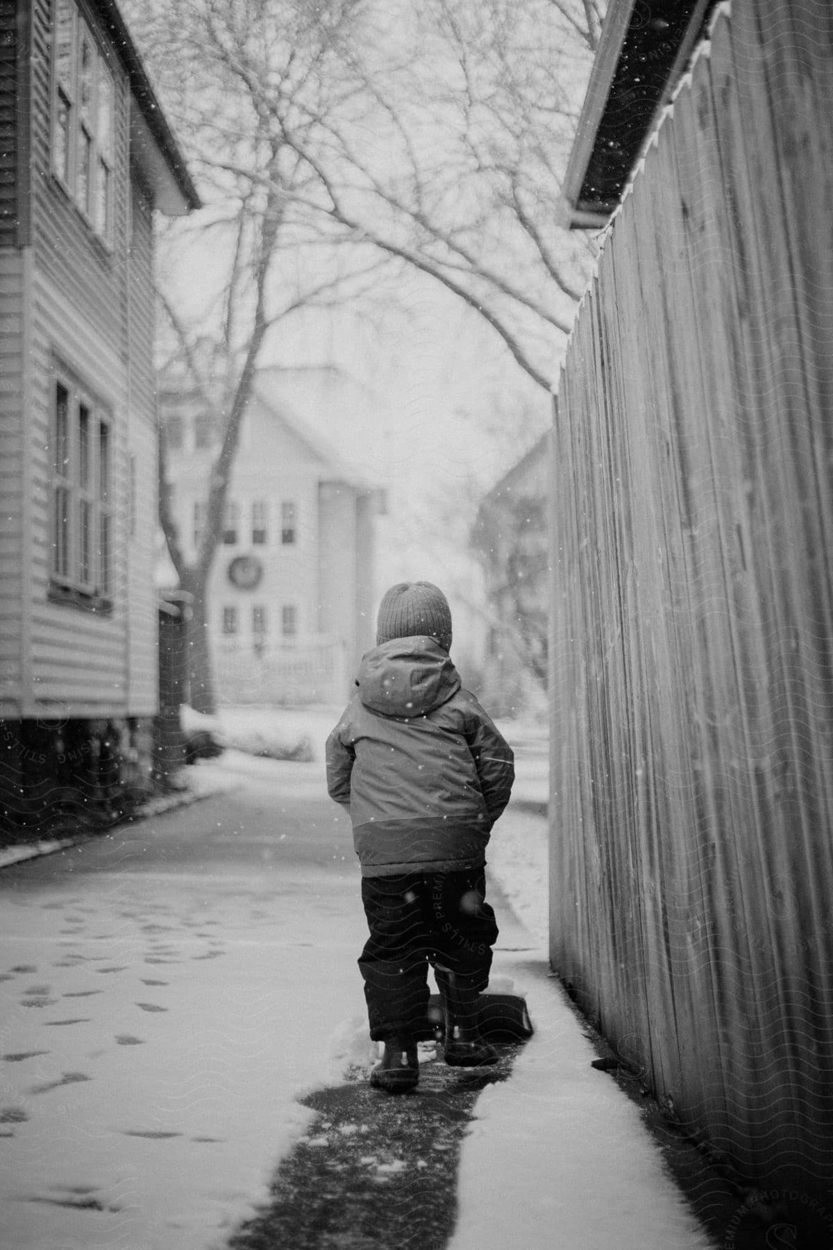 A boy is walking in the snow.