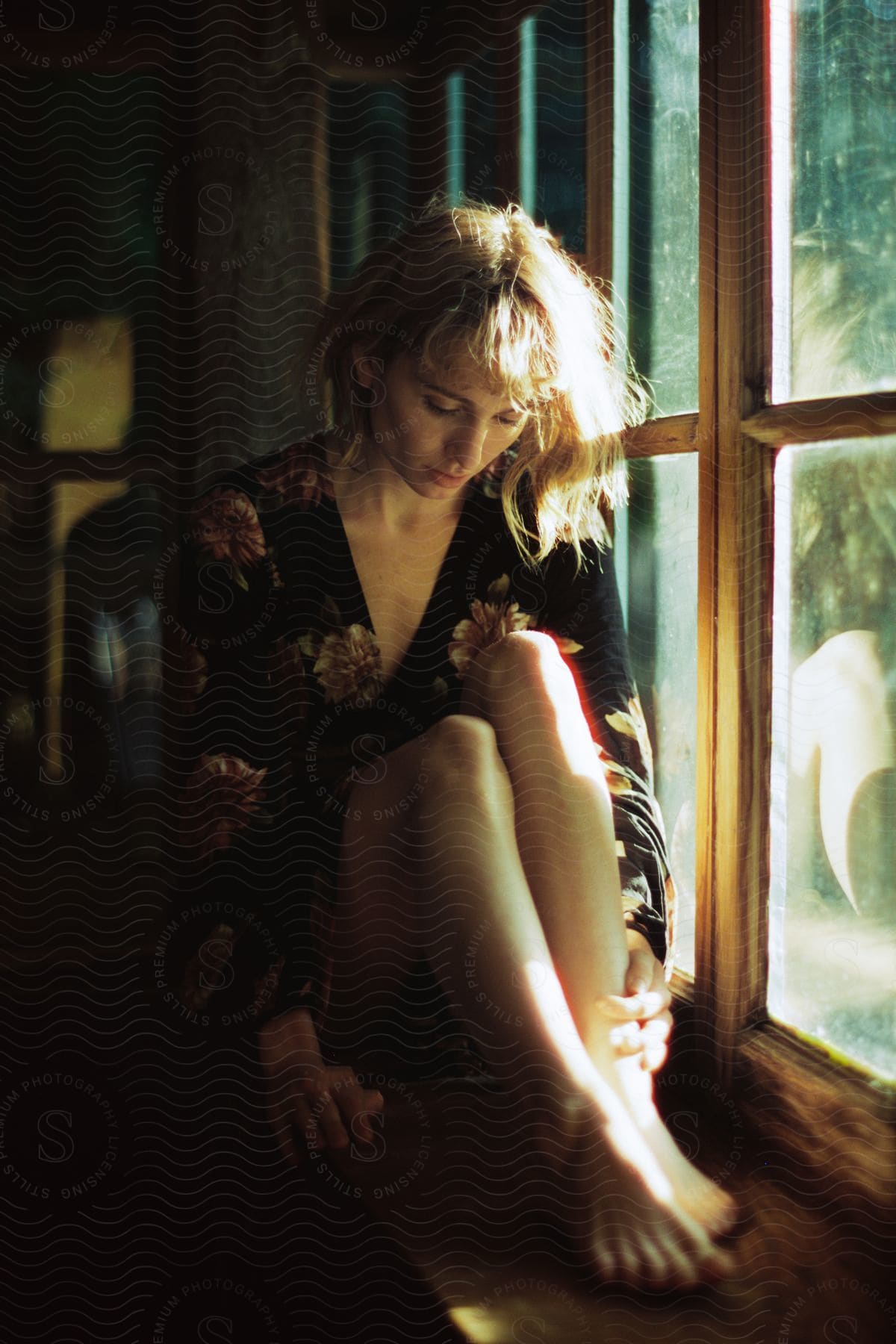 A woman wearing a print dress is sitting barefoot on the window ledge as sunlight shines in