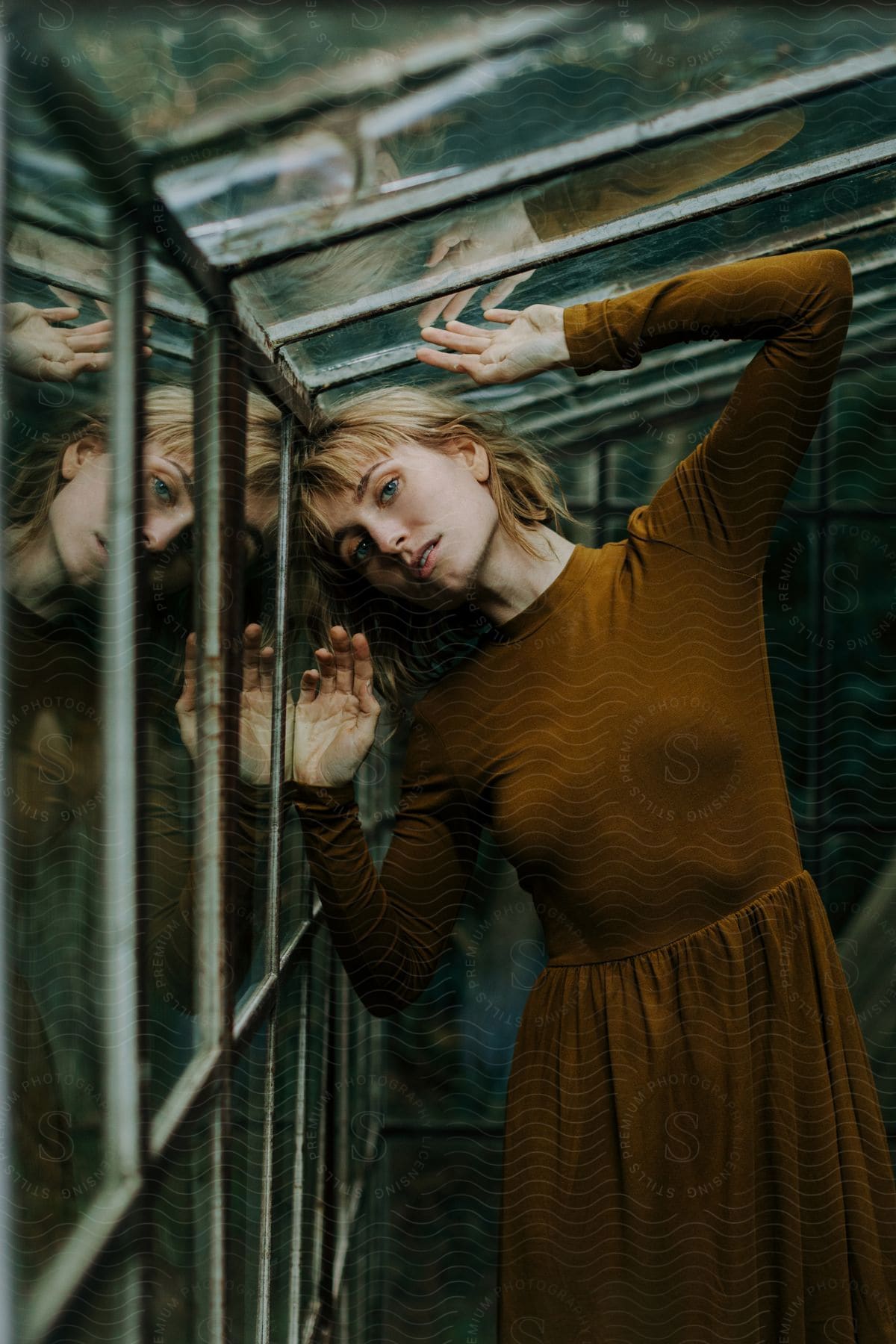 A woman stands inside a greenhouse leaning her head against the glass