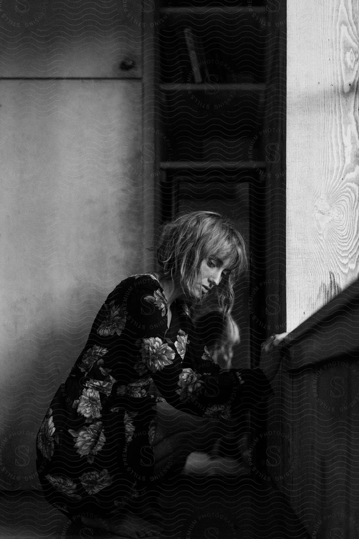 woman in floral dress leans on window frame indoors