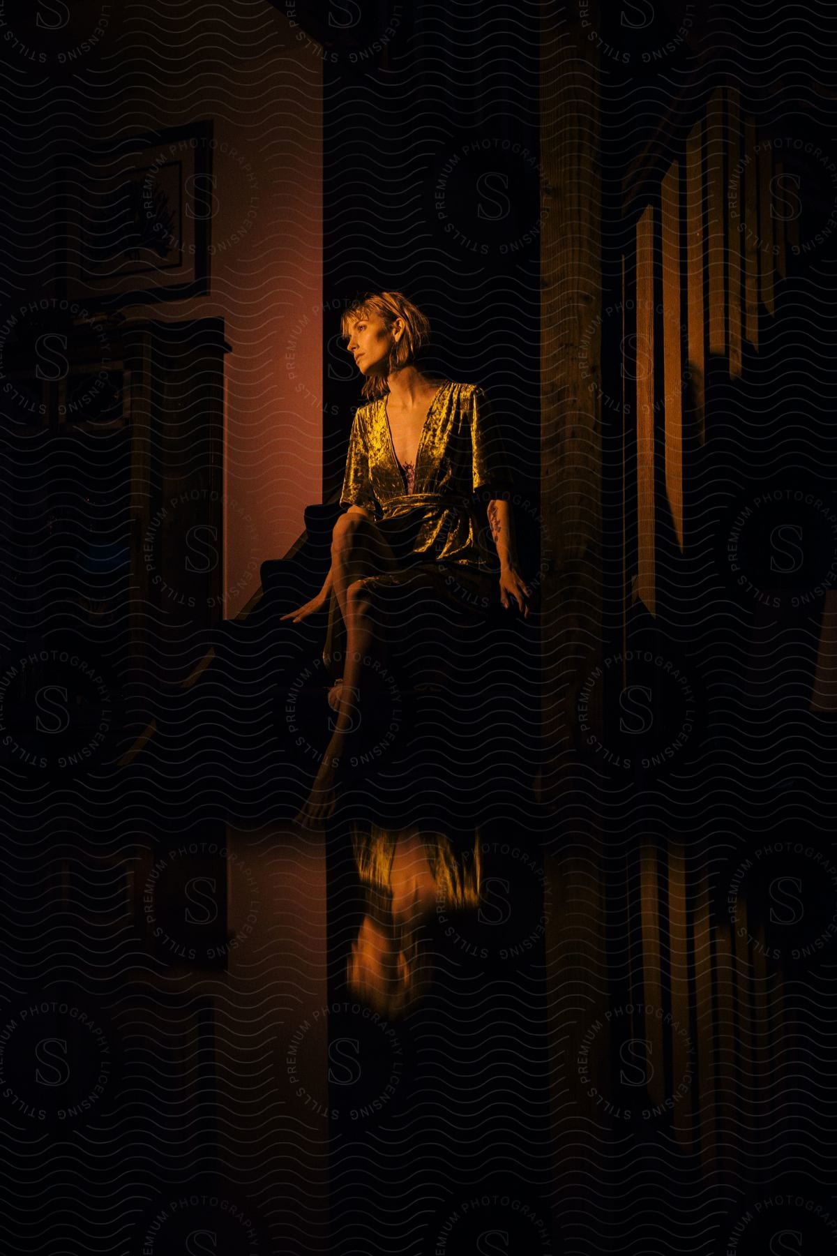 Woman seated in golden dress with reflective floor casting her silhouette in a dimly lit room