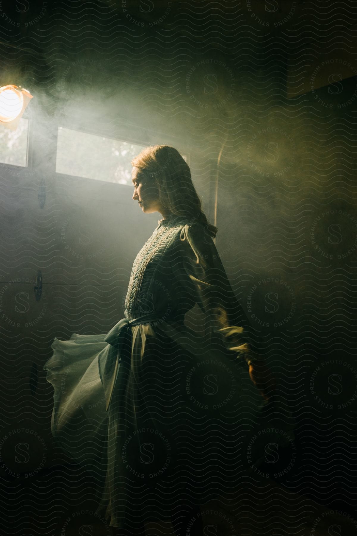 Fashion model wearing dress stands near garage door in foggy dimly lit garage.