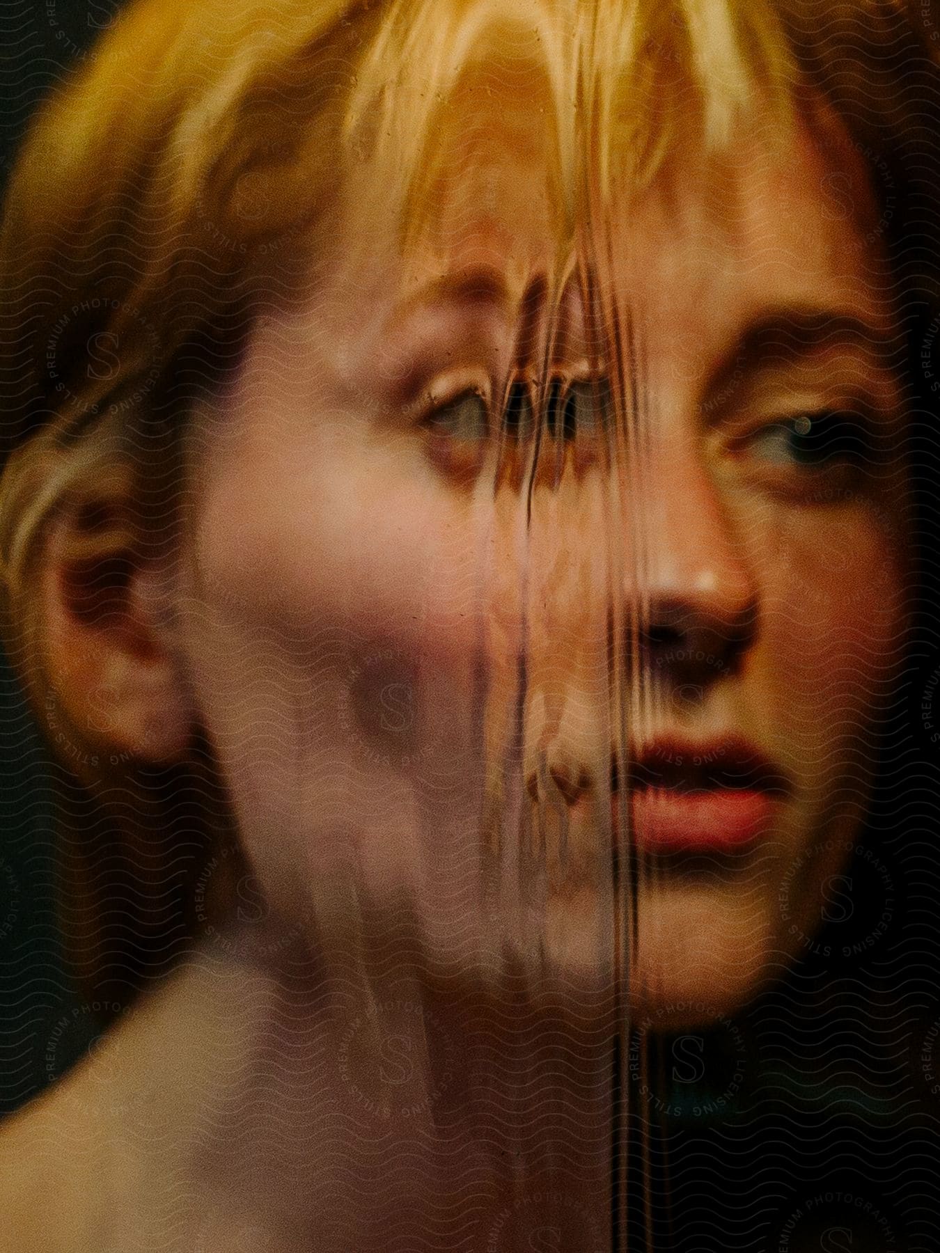 Portrait of a blonde woman with part of her face reflected in a mirror.