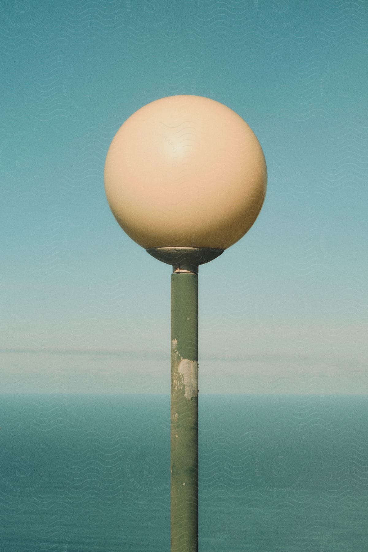 Lamp post with a globe-shaped light bulb, with the sea in the background under a blue sky.