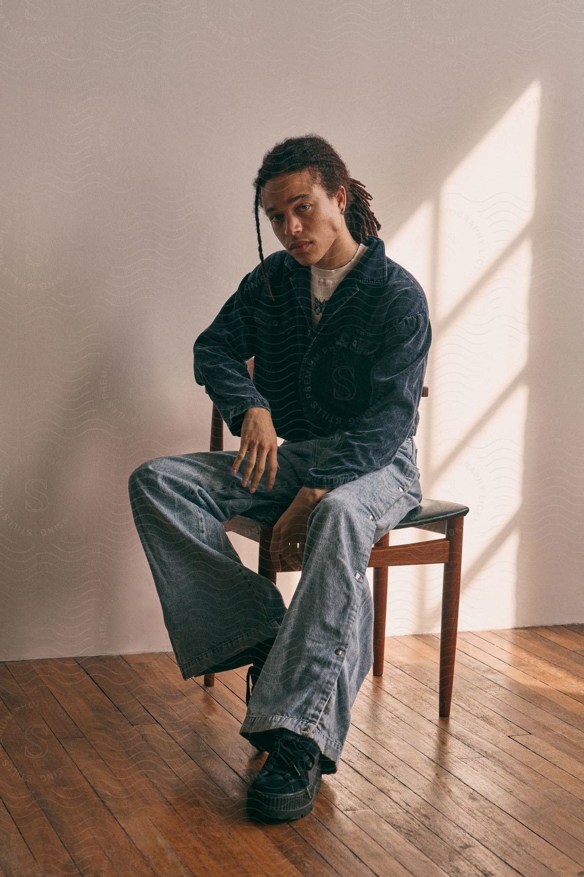 Man sitting in a chair wearing denim clothes.