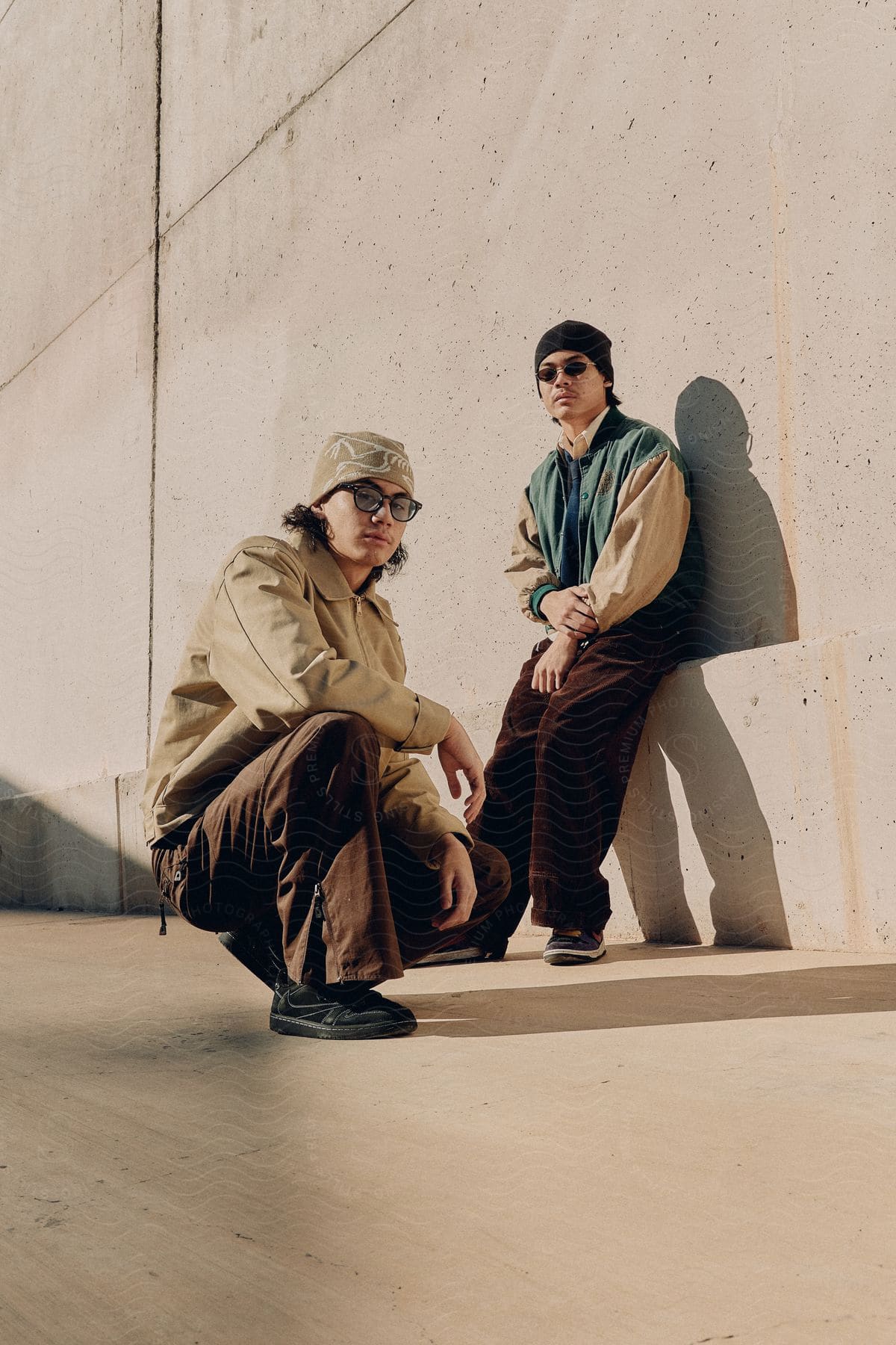 Two Asian men are posing outside.