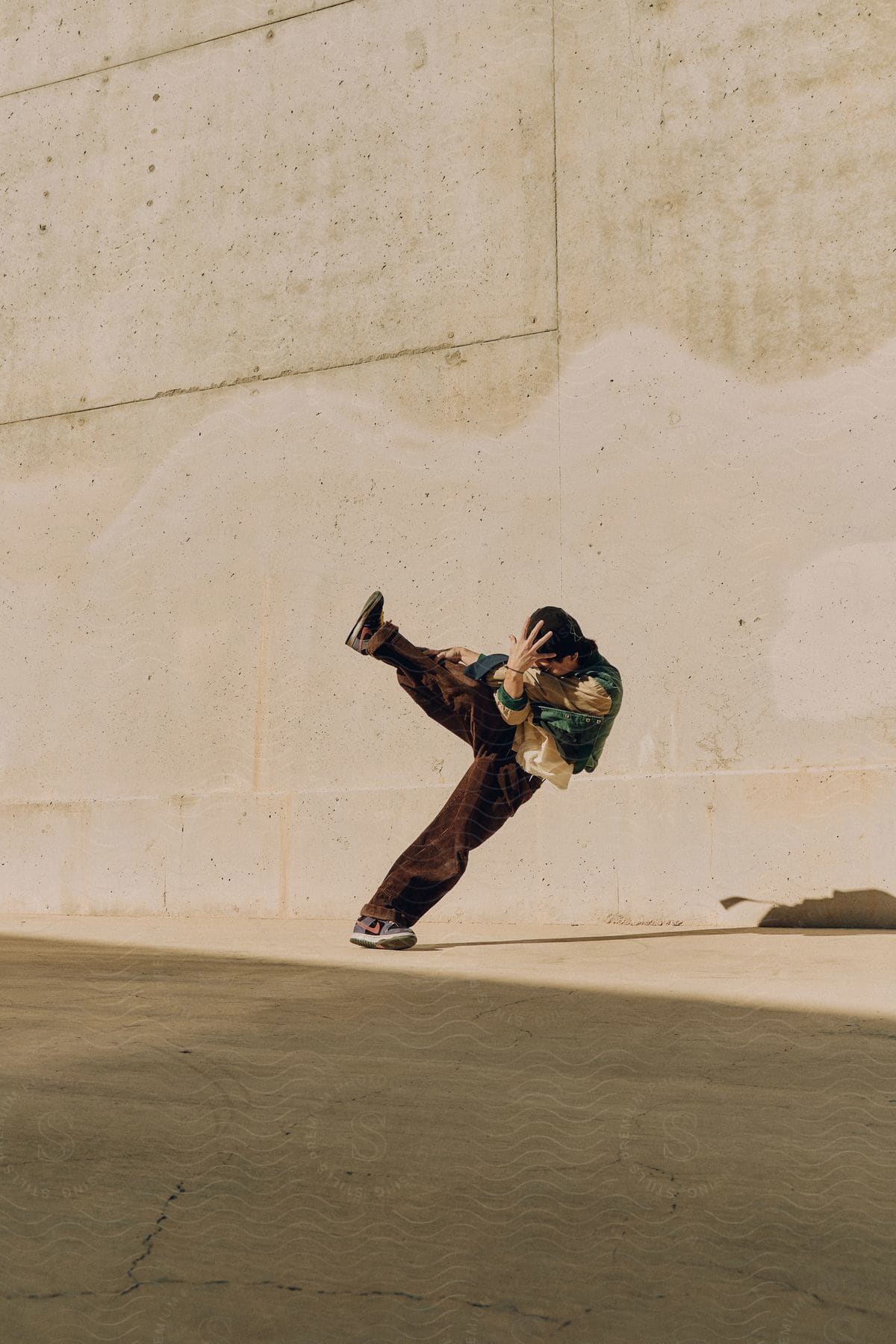 A teenage boy is dancing outside near a wall