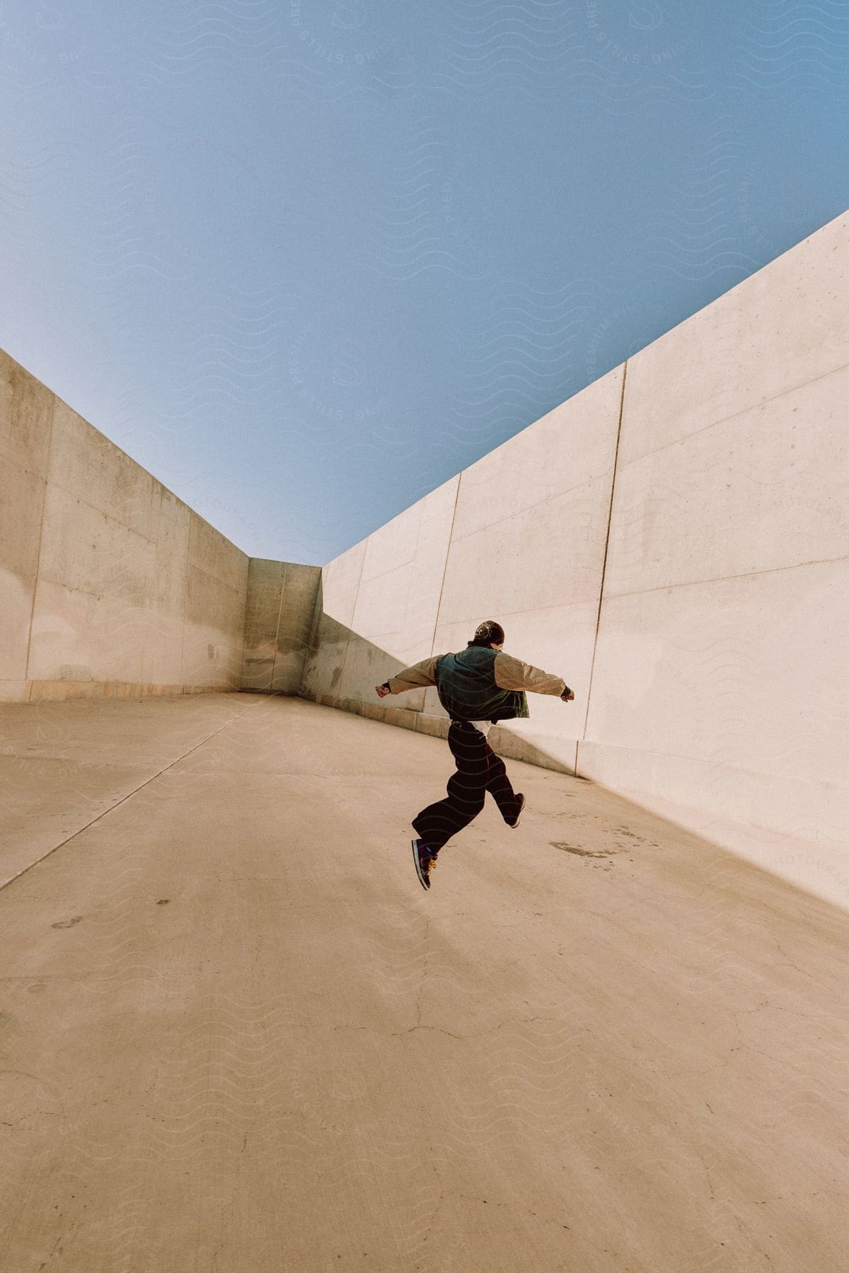 Man in mid-jump with green jacket and black pants against a concrete wall under clear sky.