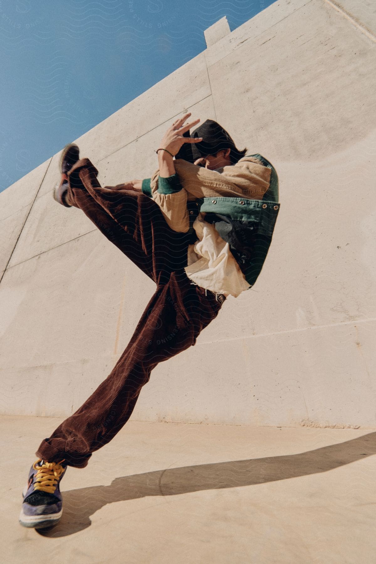 Male model posing with one leg raised.