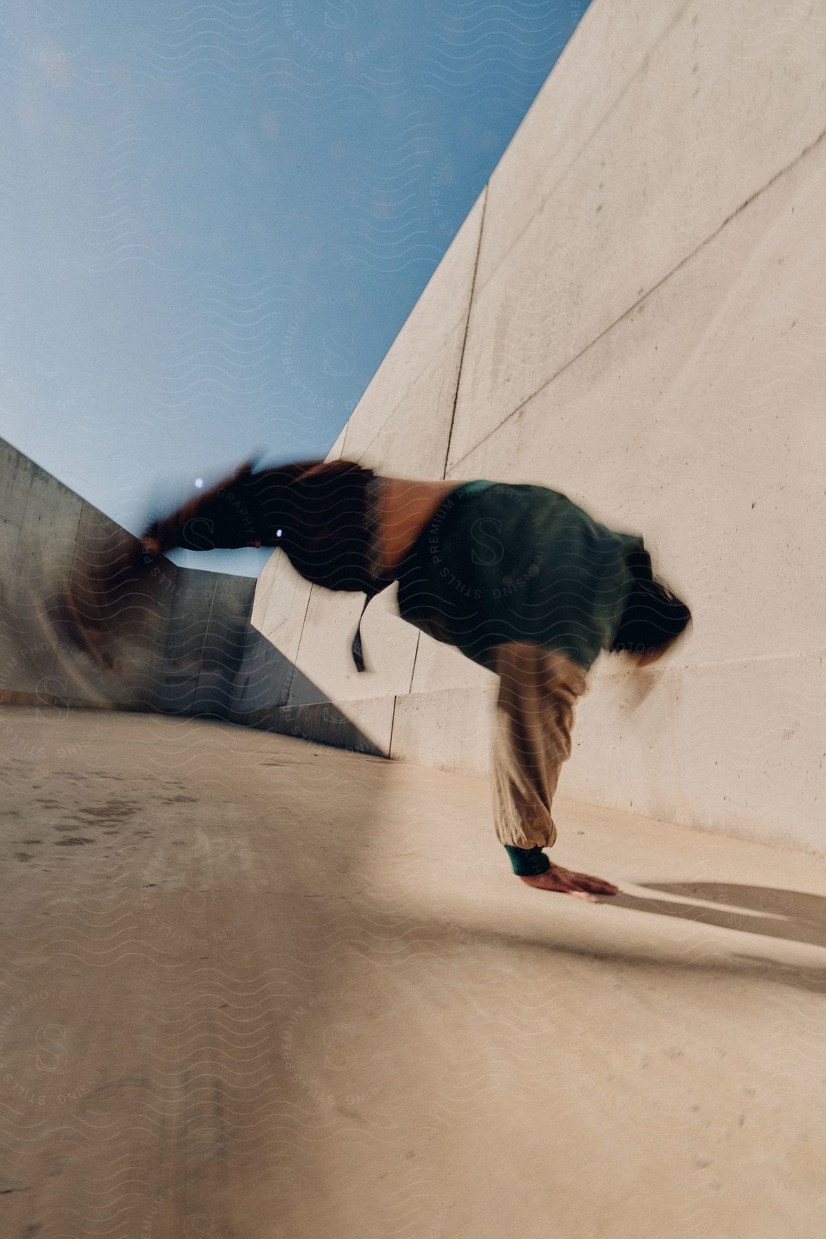 A dancer defies gravity with a blurred spin in a gritty concrete channel.