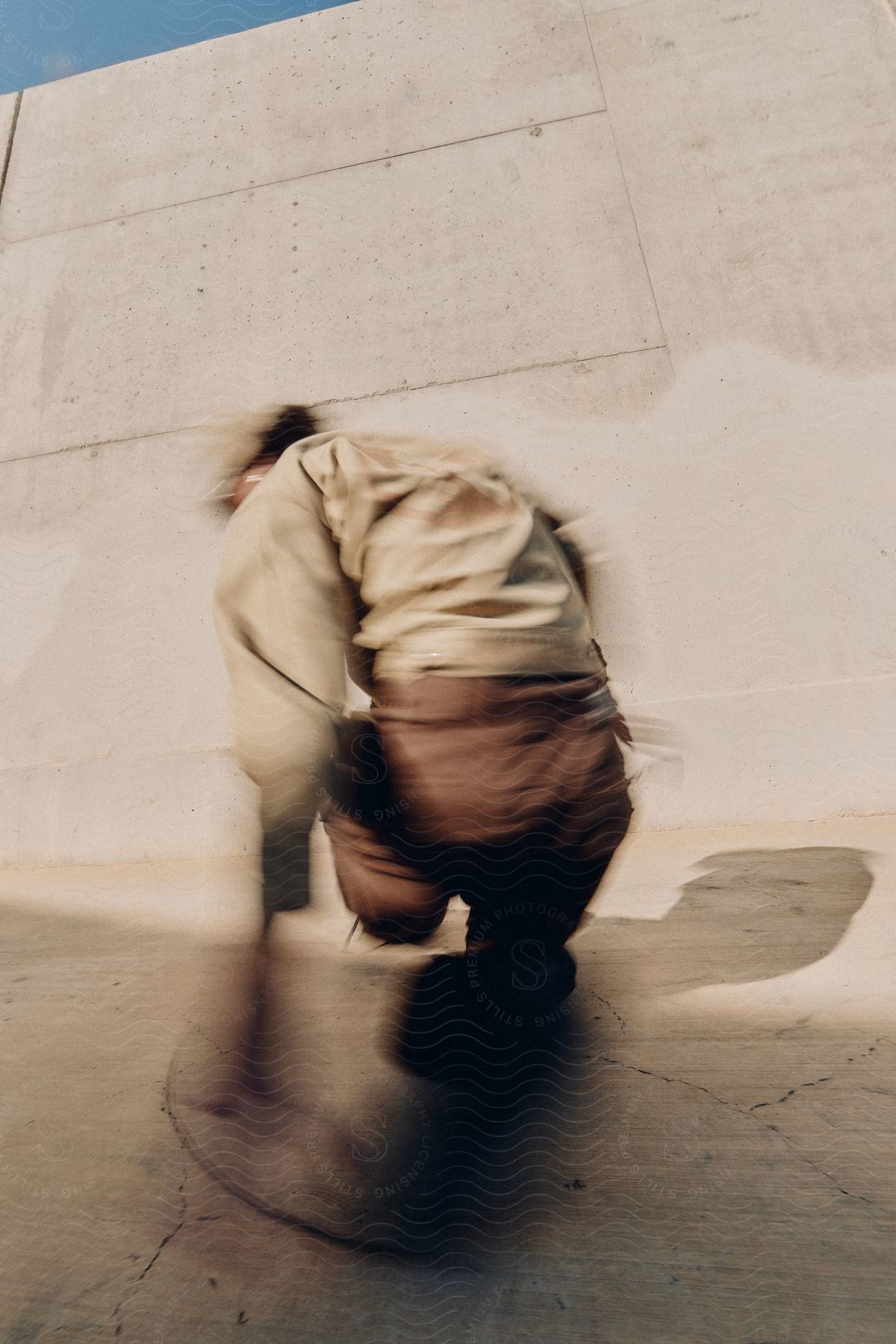 Blurred motion of a model wearing brown jacket pants in an open-air environment