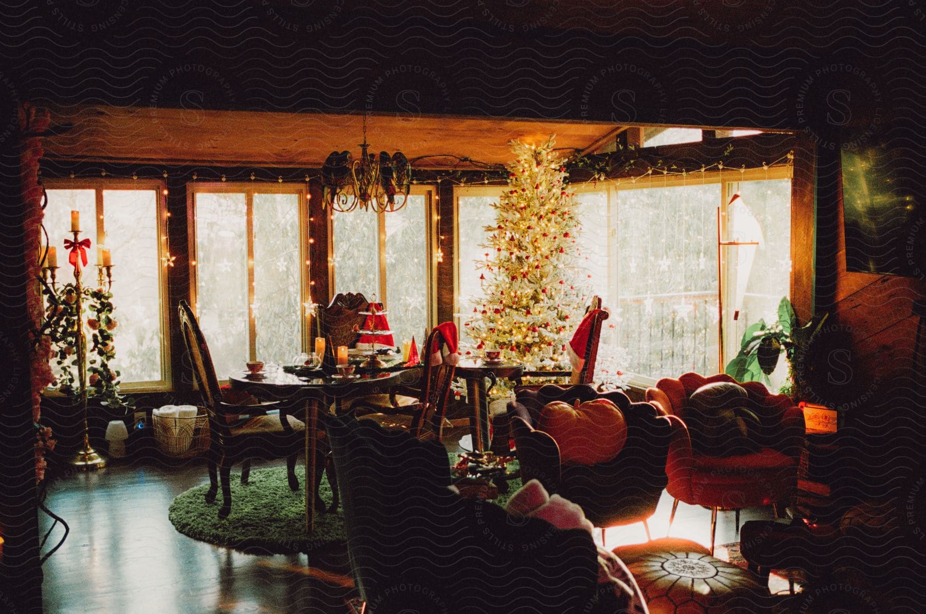 A house that has been decorated for Christmas on the interior.