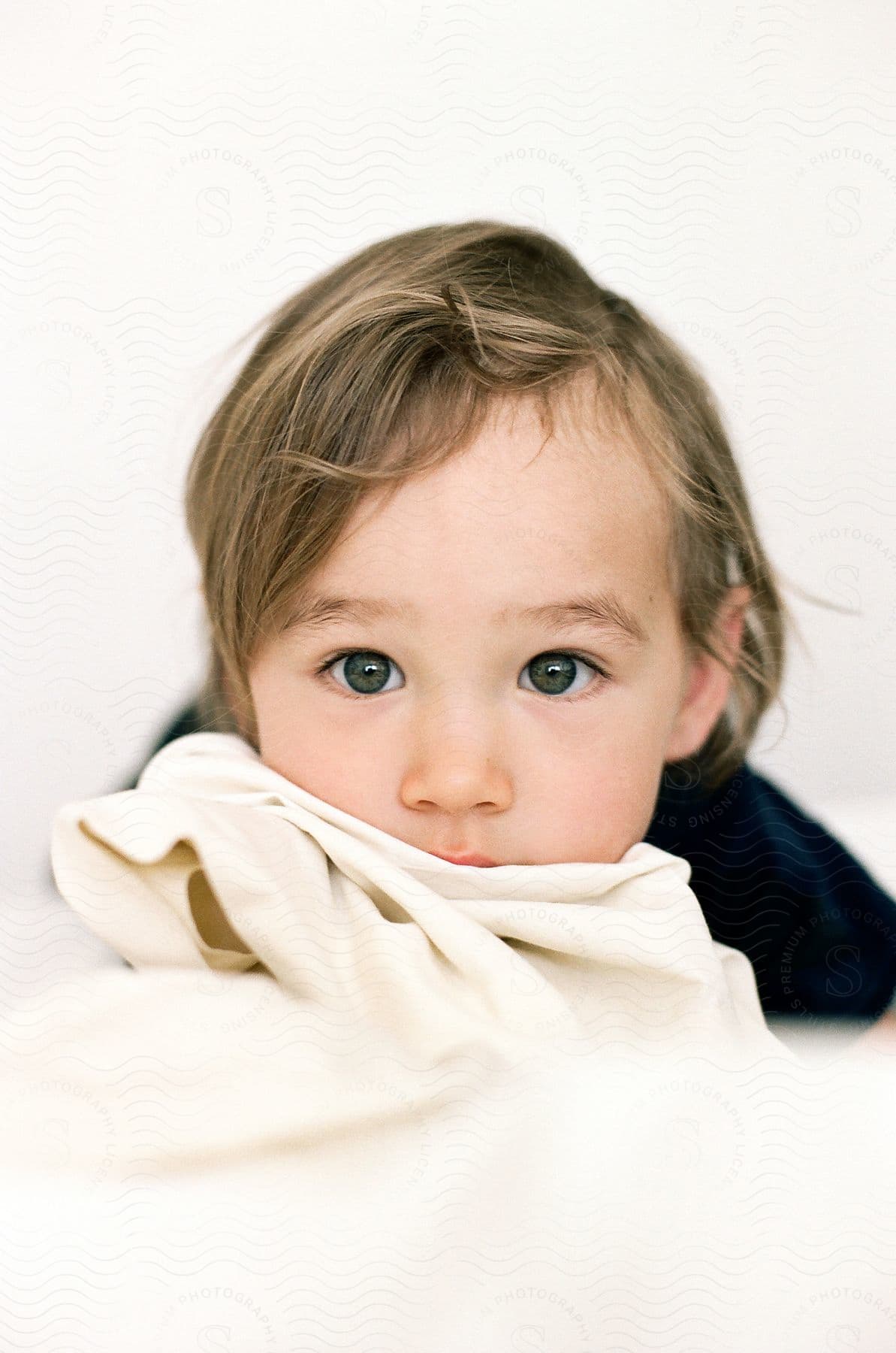 A baby with a blanket to his mouth.