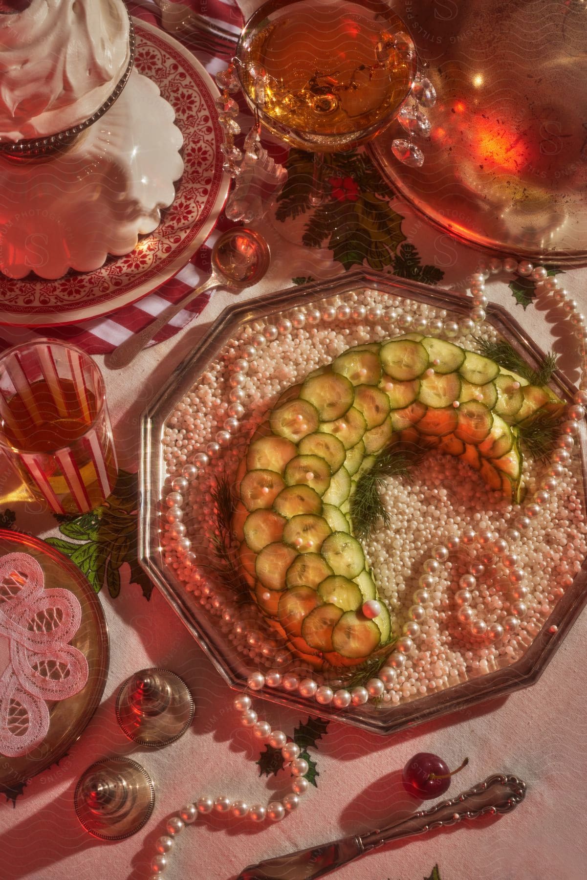 Elegant plate of cucumber-topped dish encircled by pearls, set amidst fancy tableware.