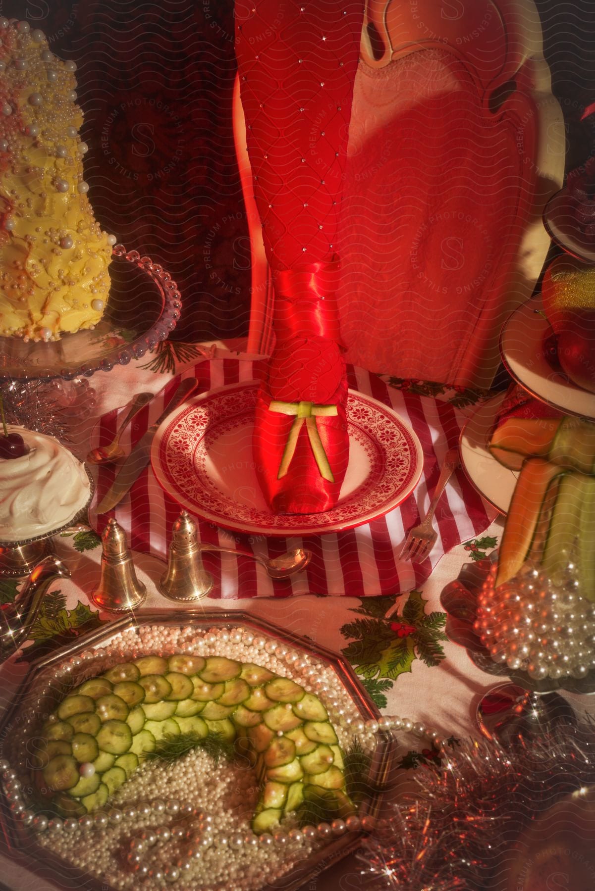 Pointe shoe and red stocking, pastry with pearls and cucumber slice arrangement on table