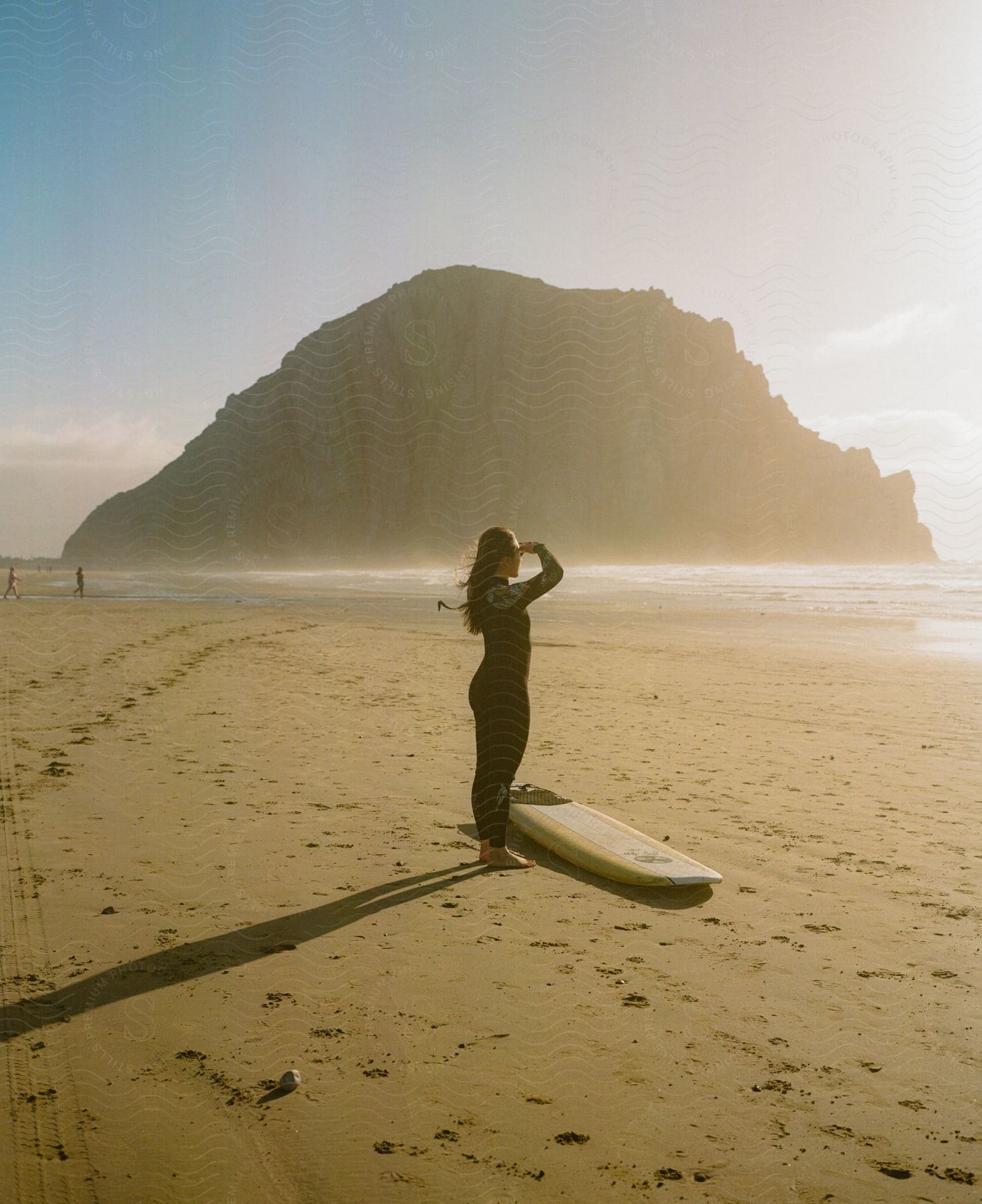 Woman in surfing gear looking at the sea while on the sand with her board