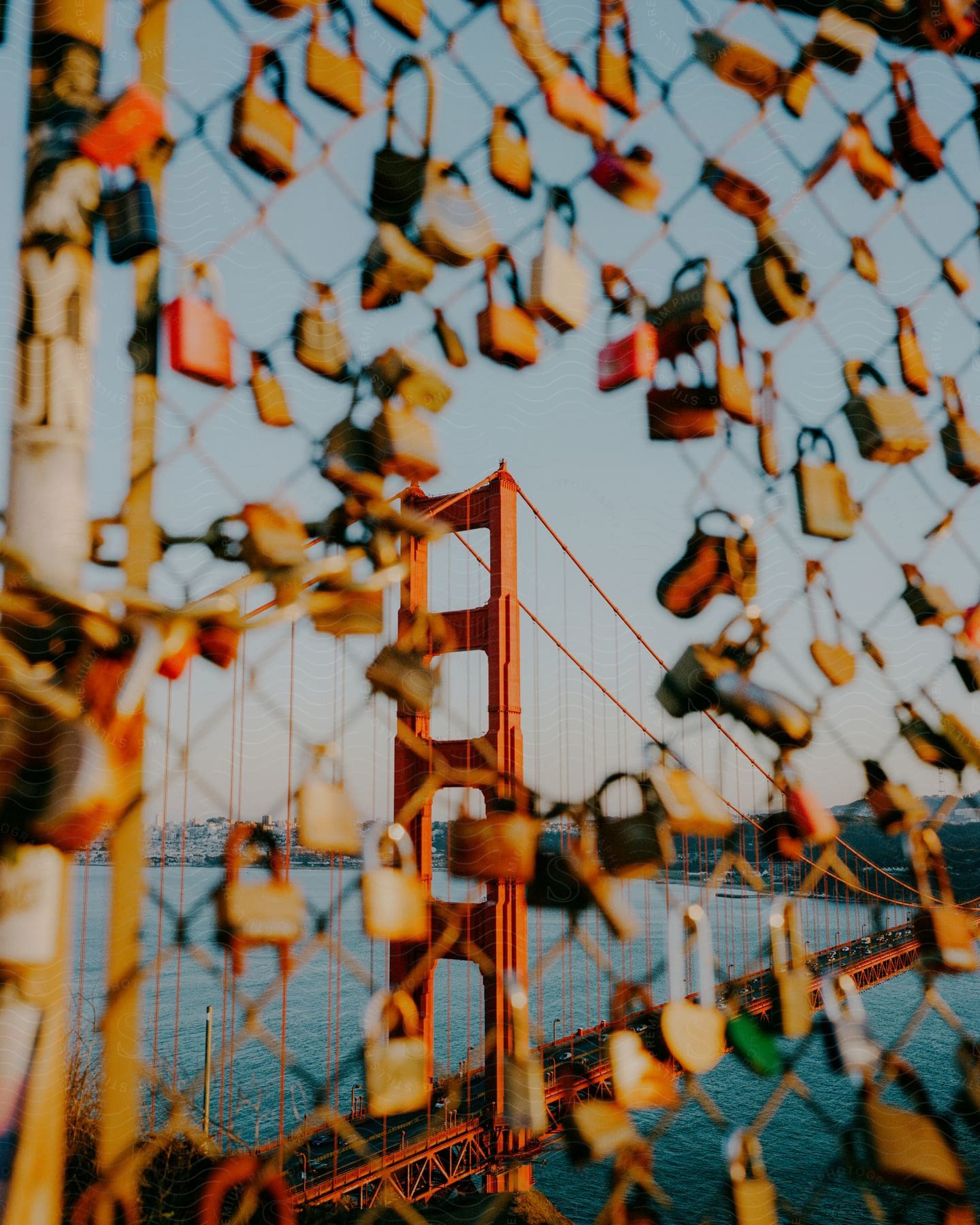 Stock photo of a fence covered in lockpads, overlooking the golden gate bridge