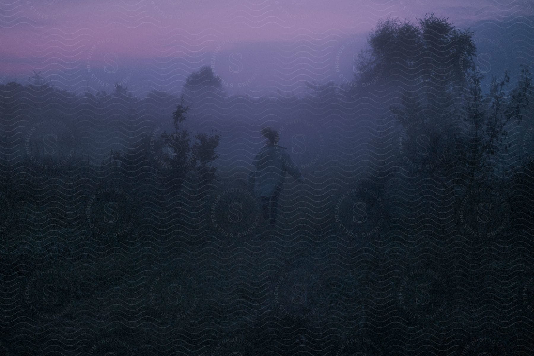 A person running in a meadow during cloudy dusk.