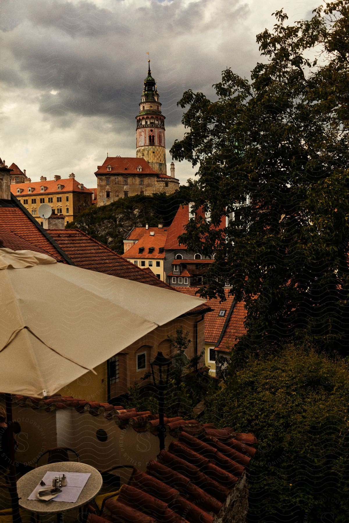 A tower overlooks the Český Krumlov Castle complex in the Czech Republic