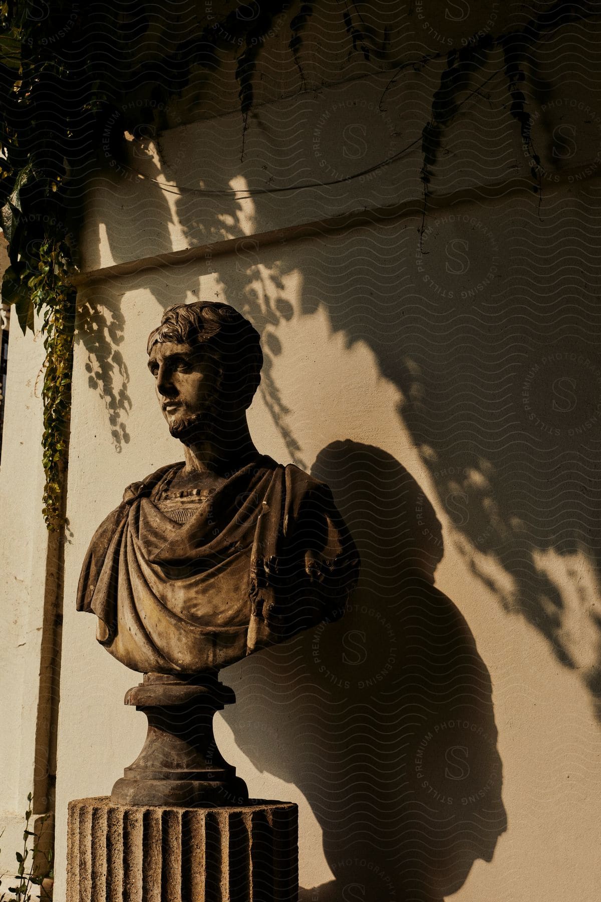 A weathered bust of an ancient Greek gazes out from a wall consumed by vibrant vines.