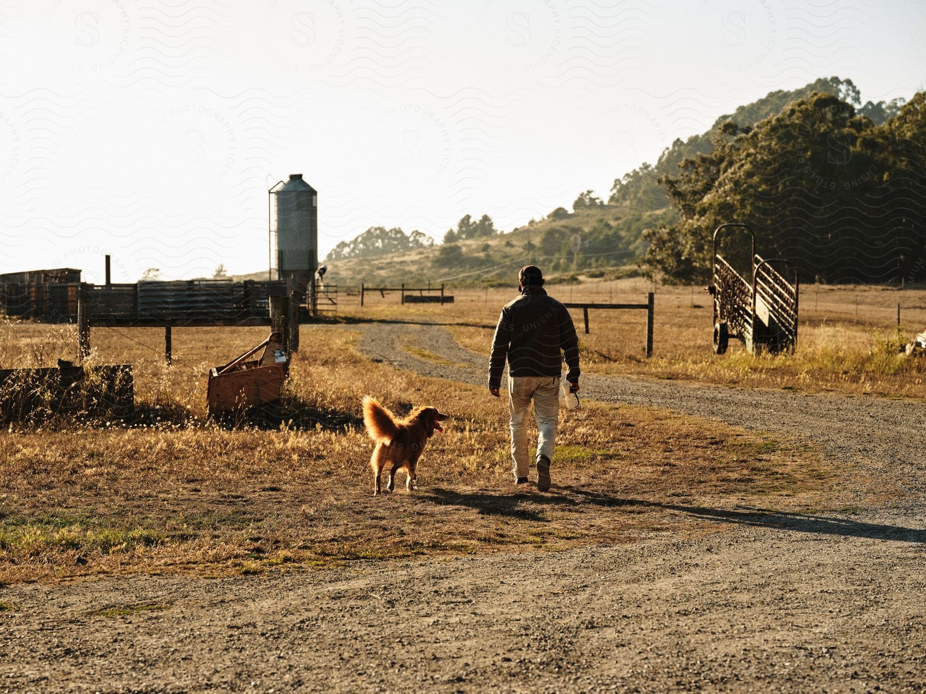 white male farmer outdoors walking with a dog at a farm in the direction of a grain silo next to fences and a vehicle with a hill and forest on the background during day time