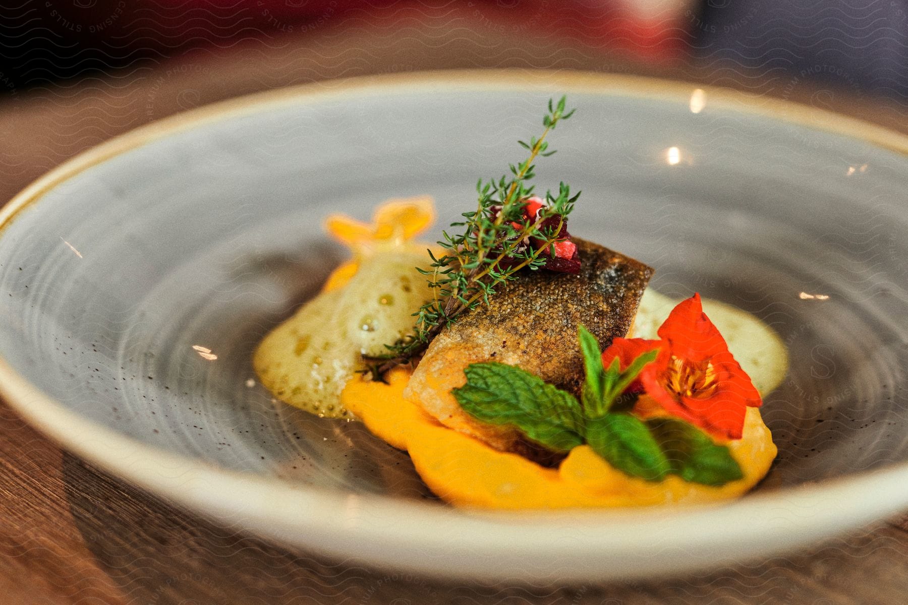 A fancy fish meal is plated in a grey dish.