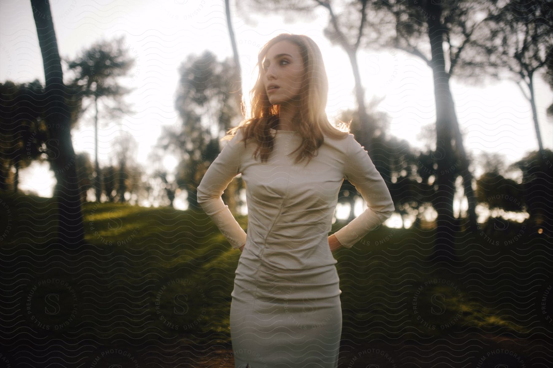 Woman wearing fashionable dress stands in field dotted with trees.