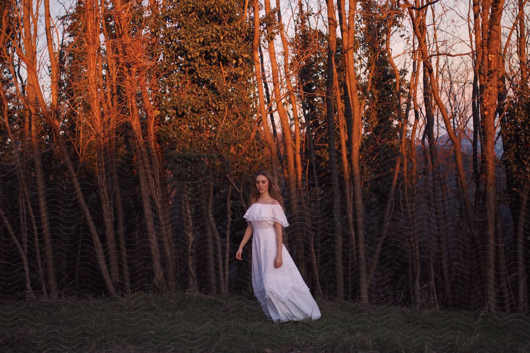 A young bride at a wedding rehearsal in a field during sunset.