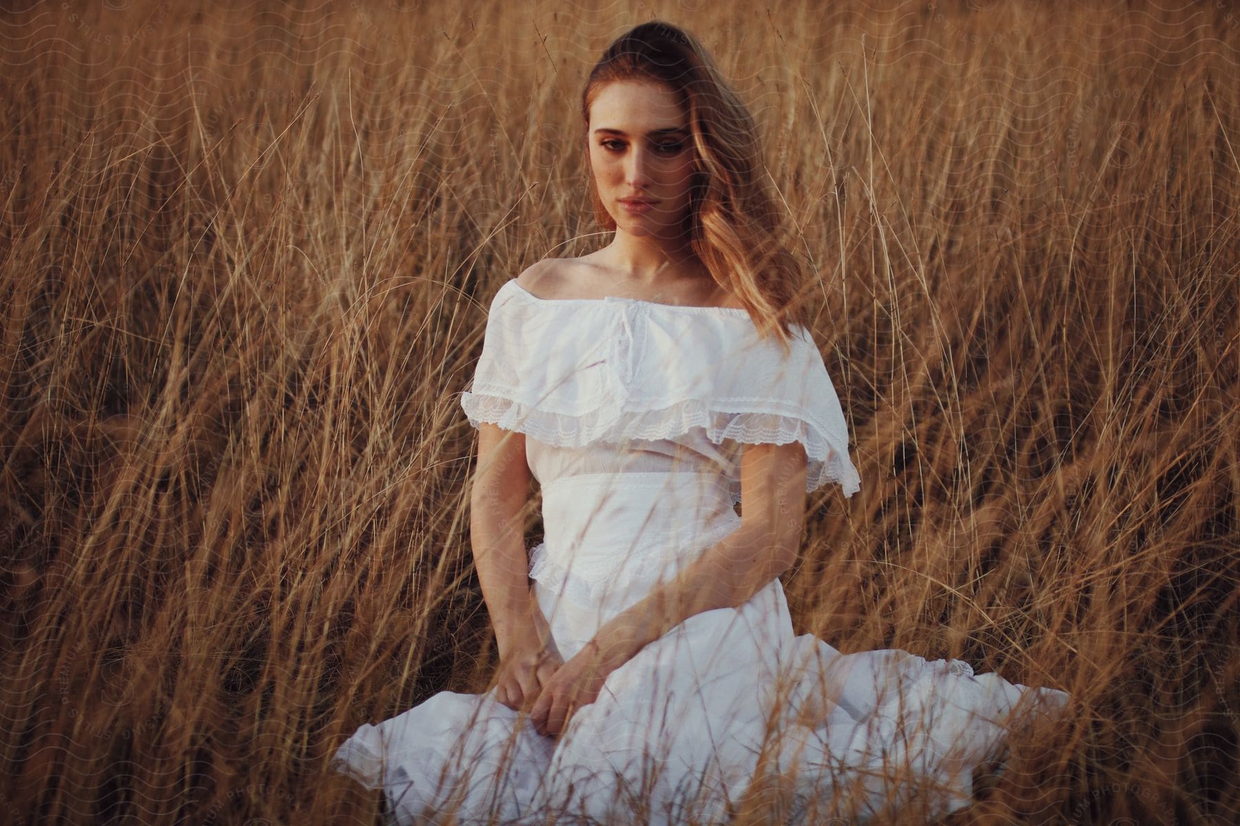 Redheaded woman sits in field of tall grass while wearing a white summer dress.