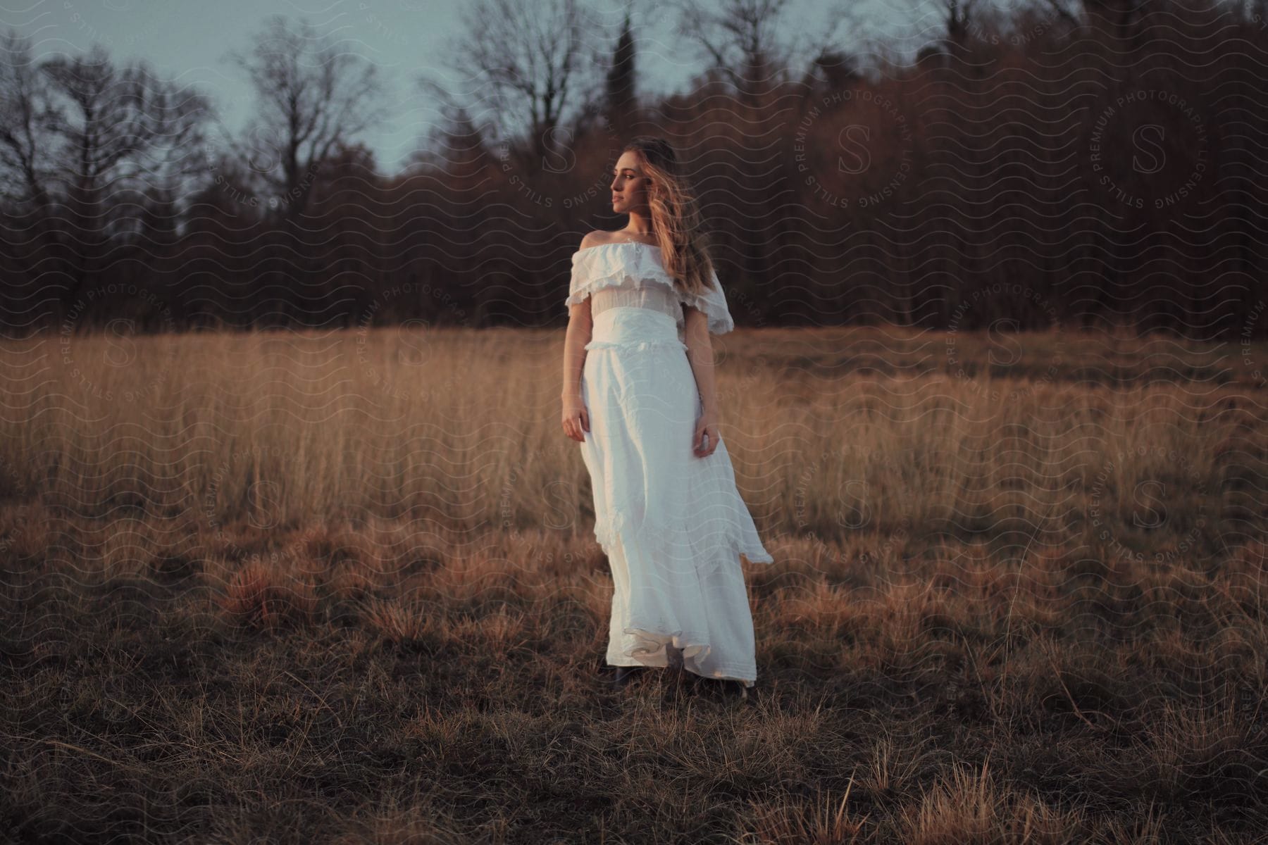 A woman wearing an off the shoulder white gown standing in brown grass with bare trees behind her