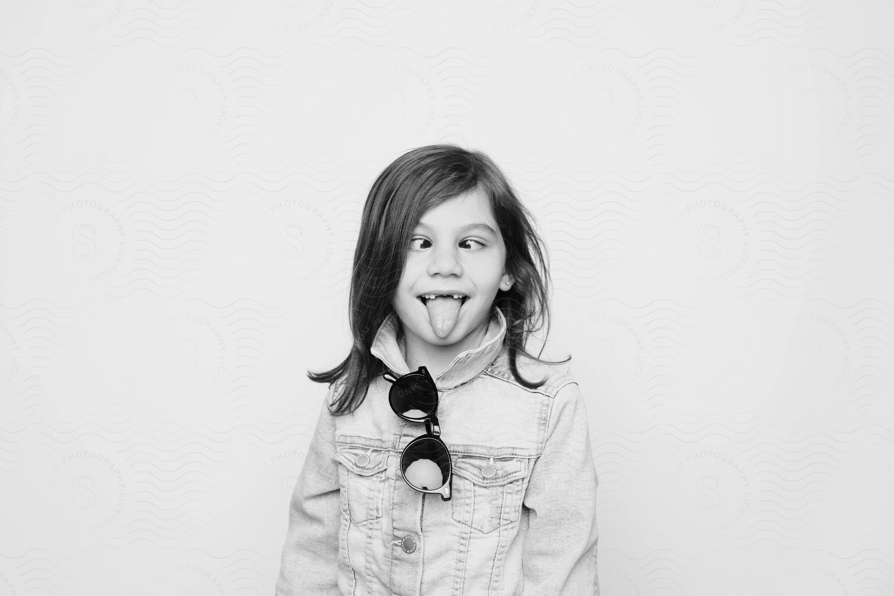 A portrait of a girl standing in a room with her tongue out.