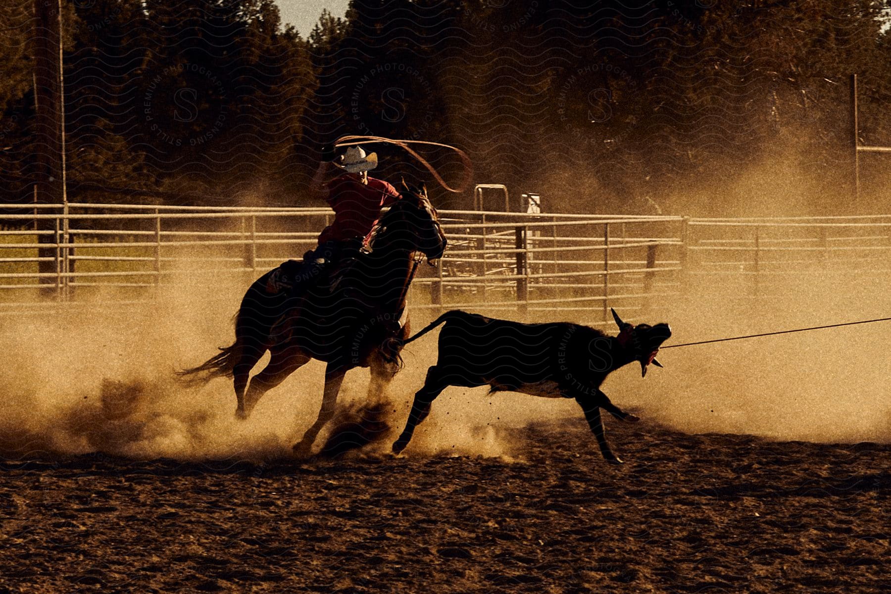 A cowboy spins his lasso over his head as he rides his horse and chases a calf in the rodeo