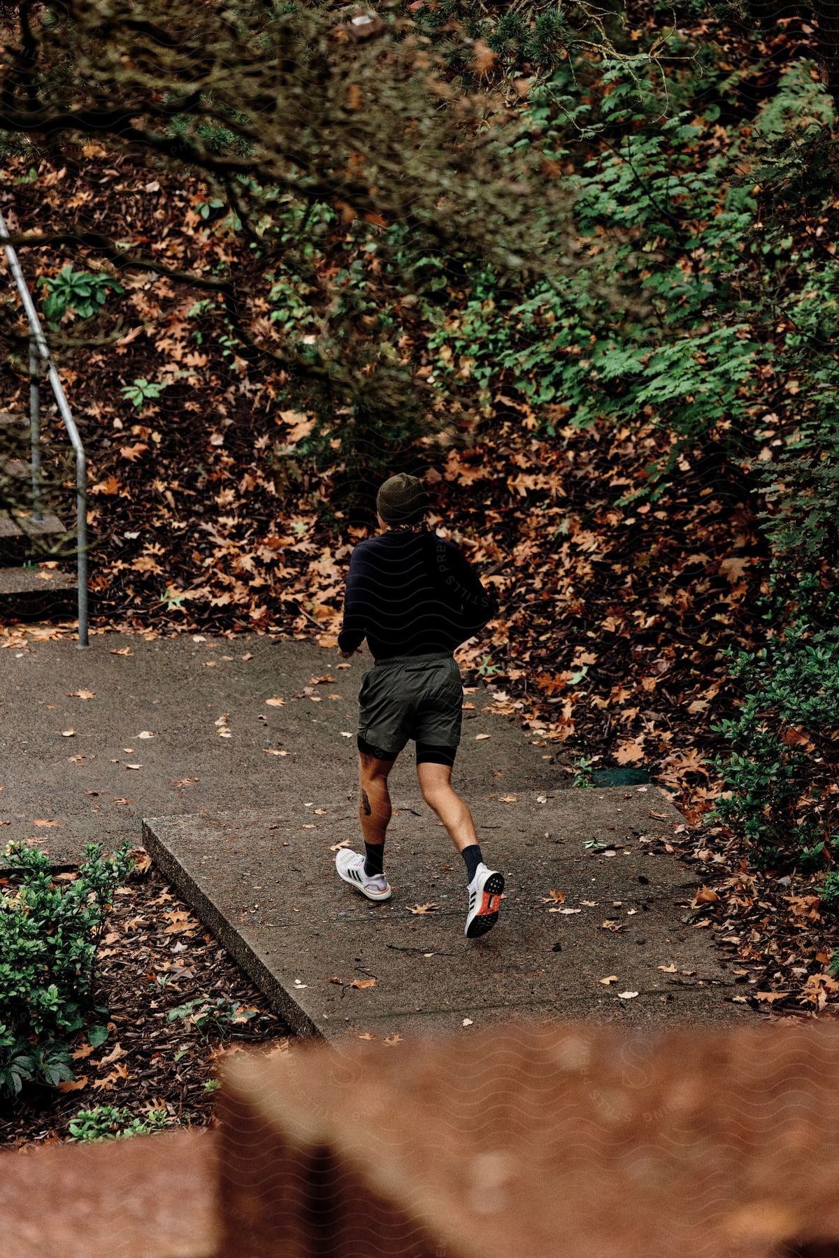 A man wearing shorts runs along a concrete pathway that is lined with fallen leafs.