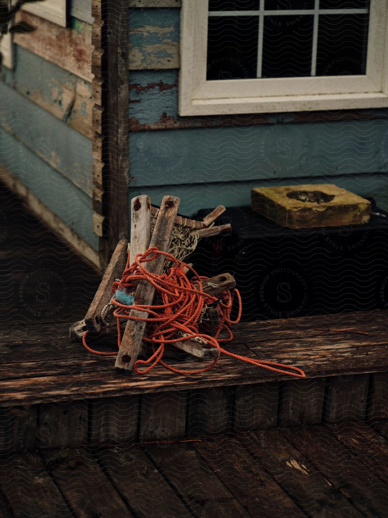 A tangle of ropes and wood on a pier.