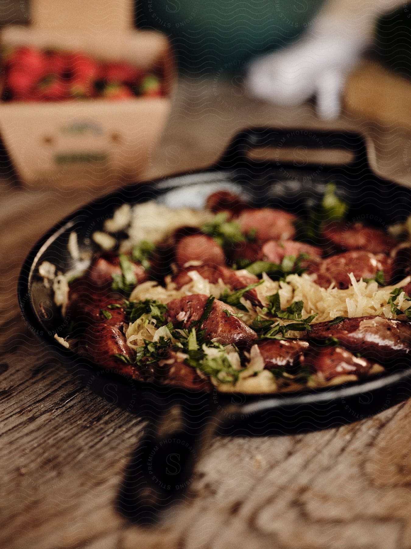 Skillet containing sausage and cabbage sits on wooden table near box of strawberries.