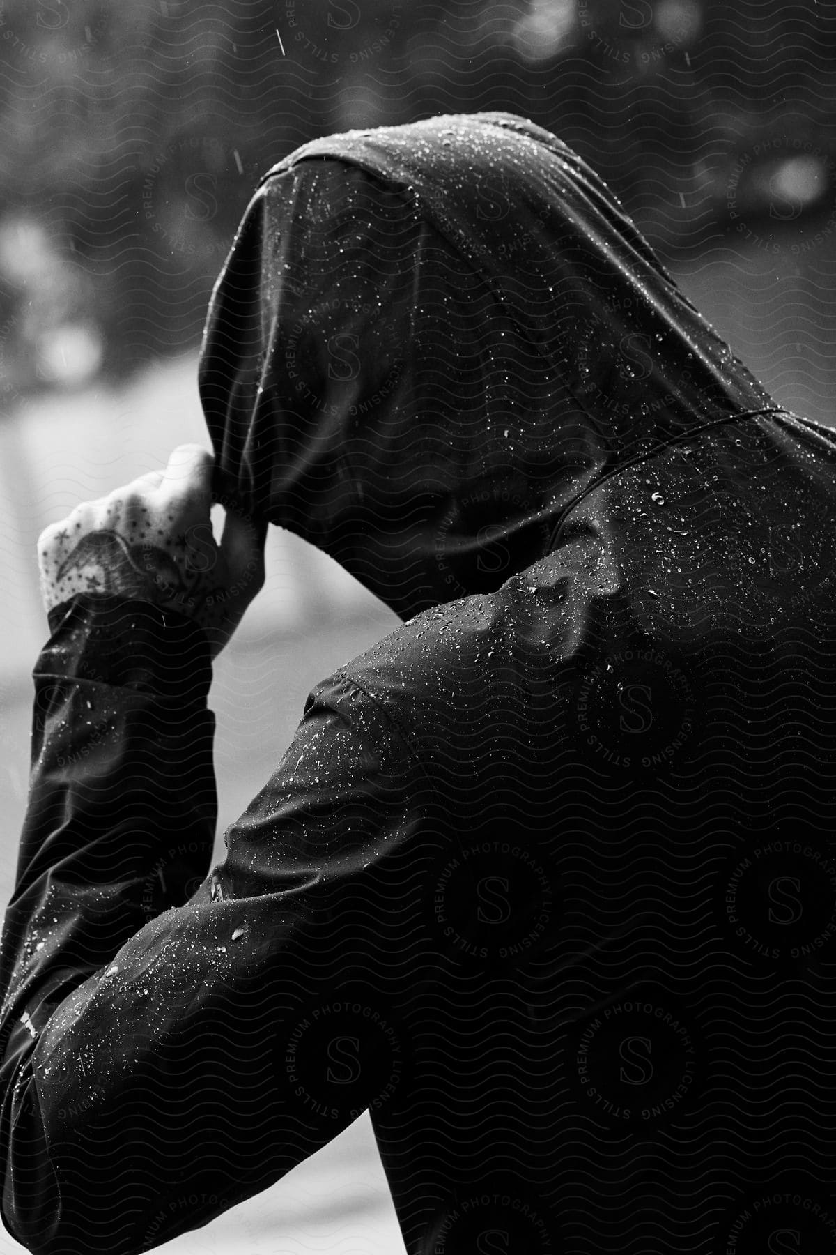 Rain falls on a black-jacketed figure pulling up their hood, revealing only a tattooed hand.