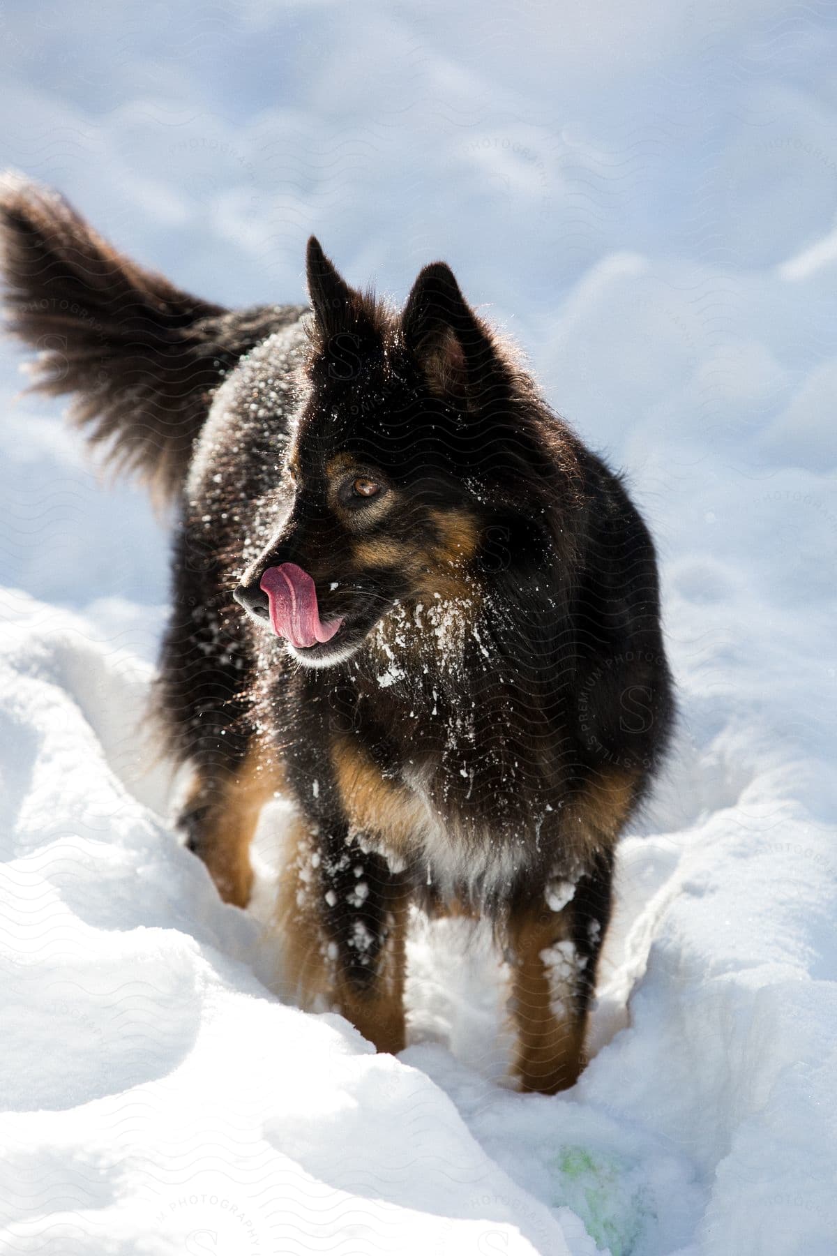 A black and tan wolf stands in deep snow and licks its nose.