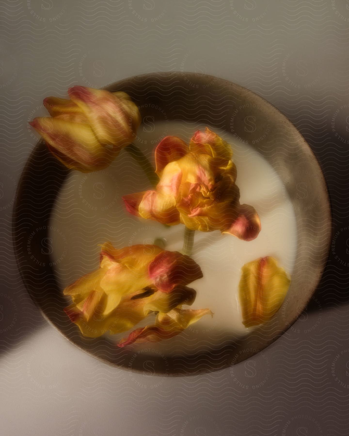 A bowl with milk and flowers on the table.