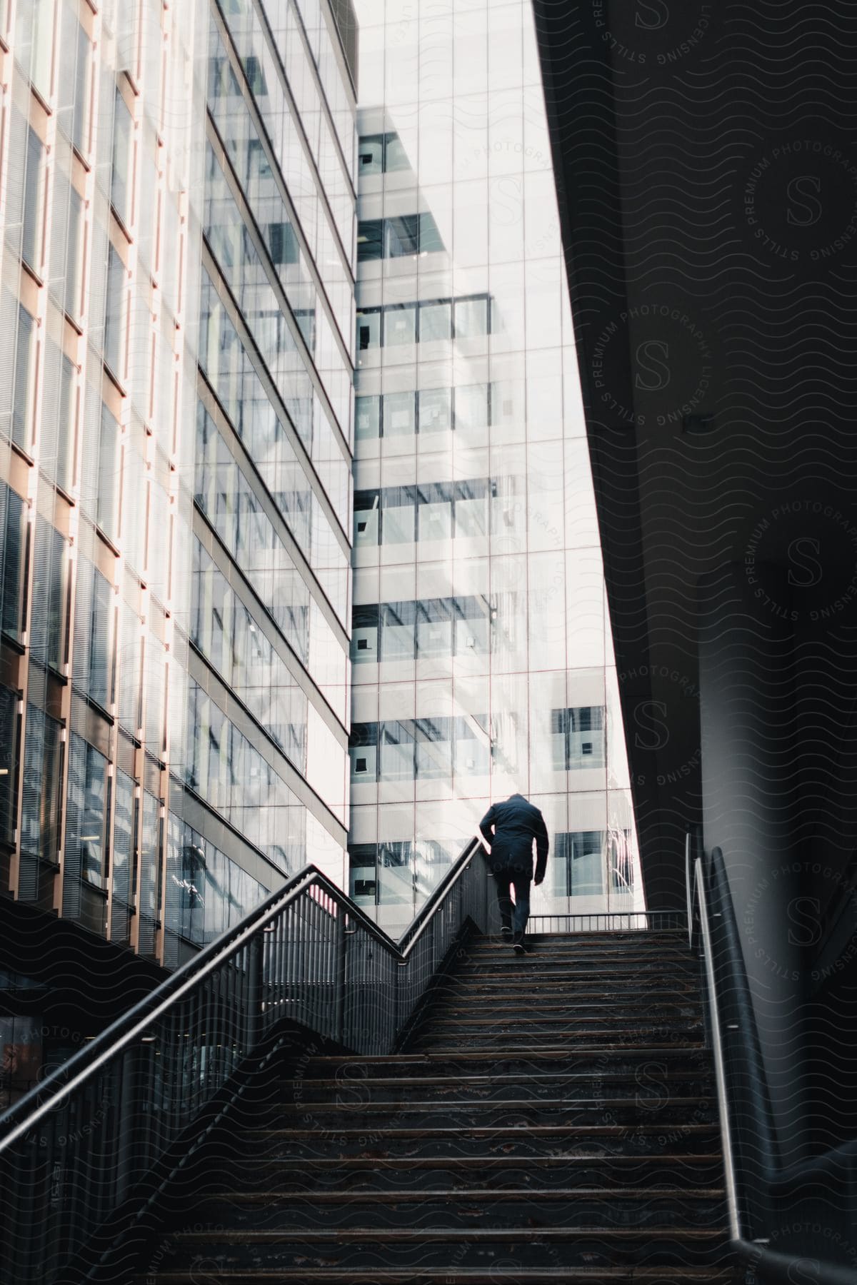 back of a man walking up the stairs outdoor at mid-day