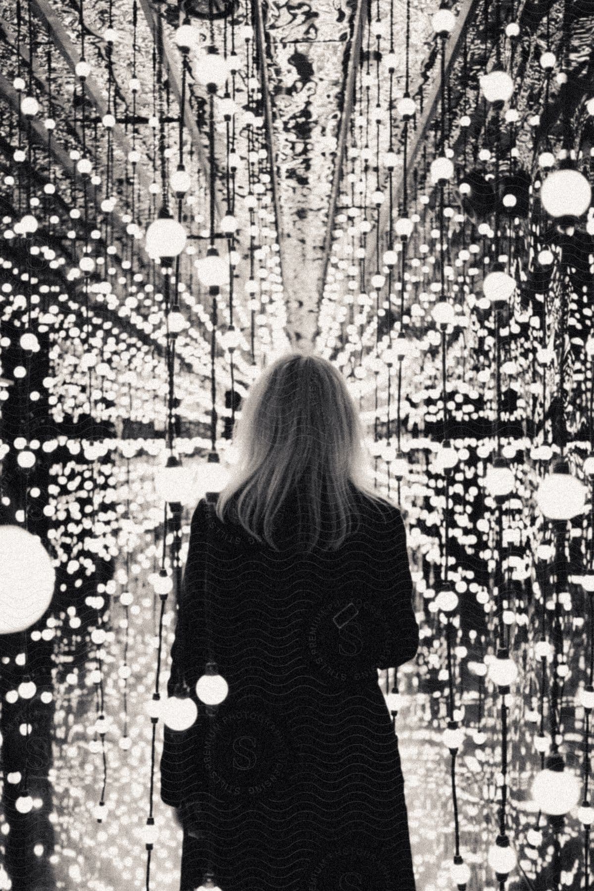 A woman standing in a room full of lightbulbs