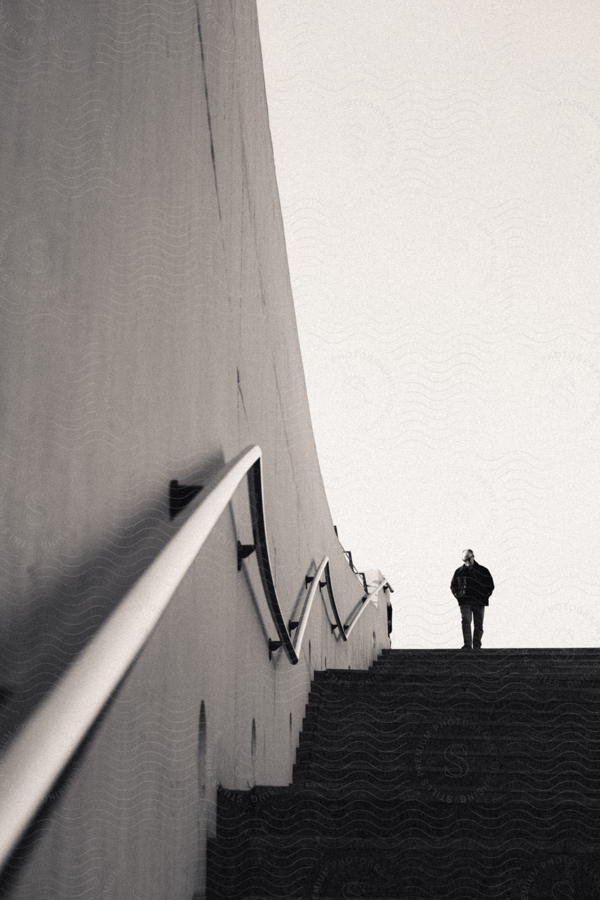 A man standing at the top of an outdoor staircase at mid-day