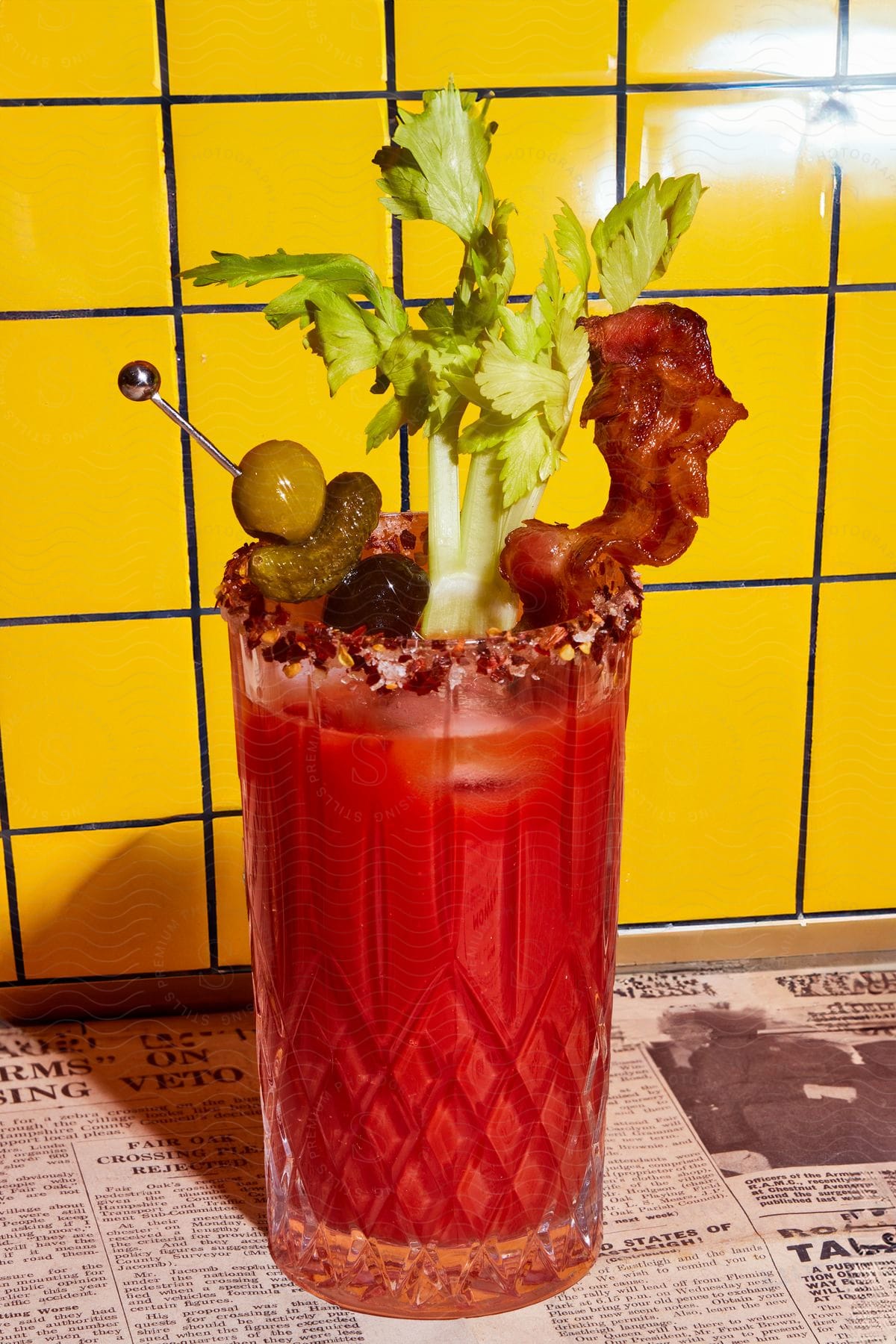 Bacon and vegetables garnish beverage sitting on newspaper near tiled wall.