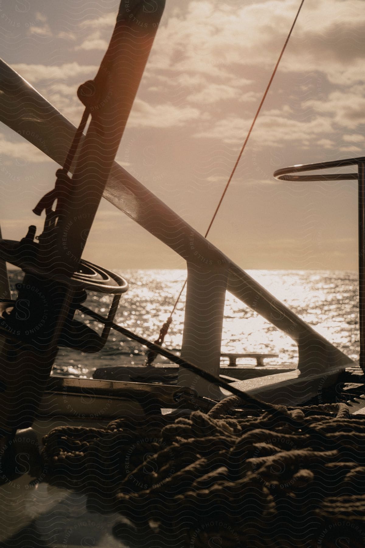 Reinforced ropes inside a boat in the middle of the sea