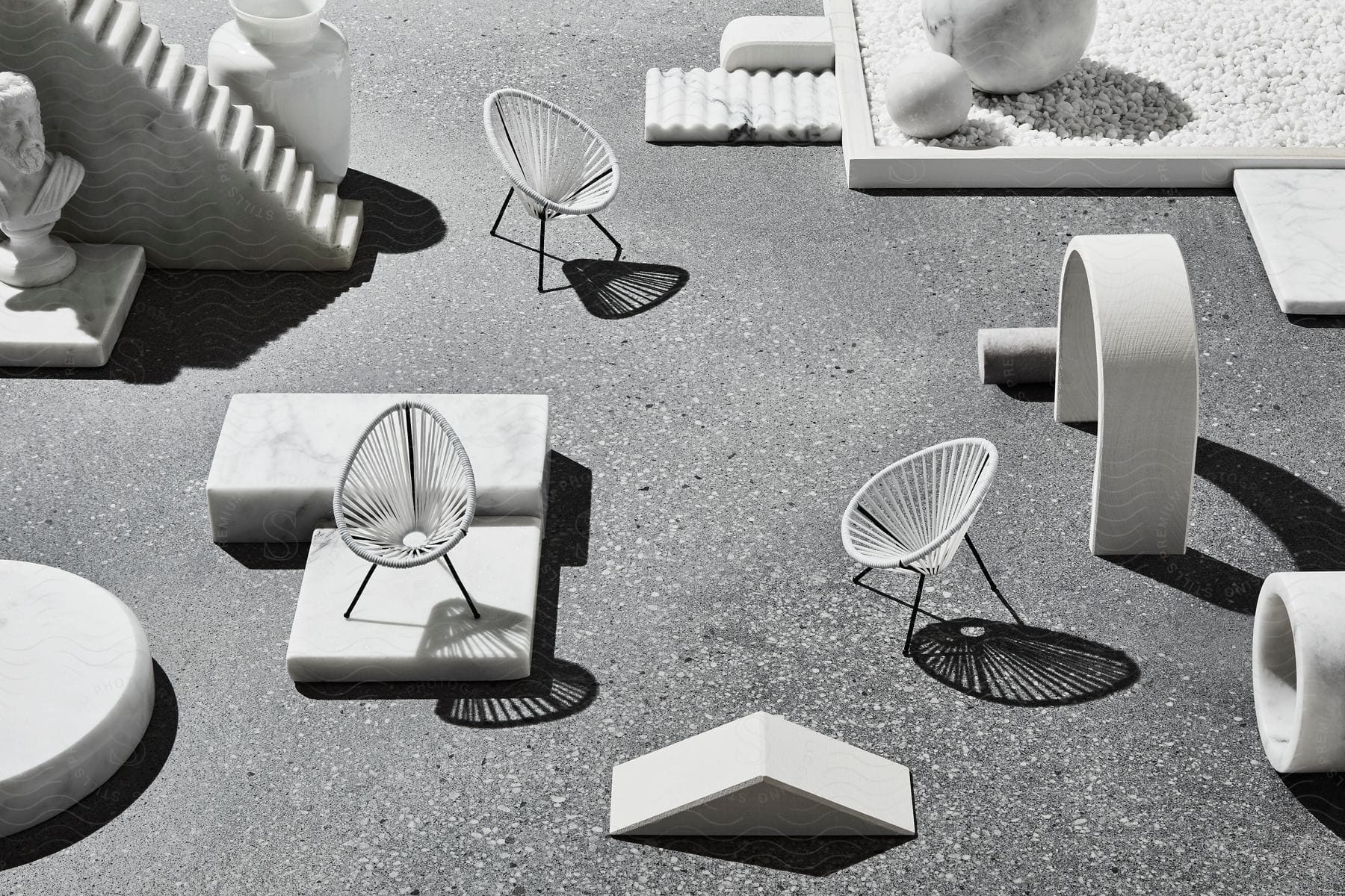 Fictional architecture of stairs and chairs and spaces of a model