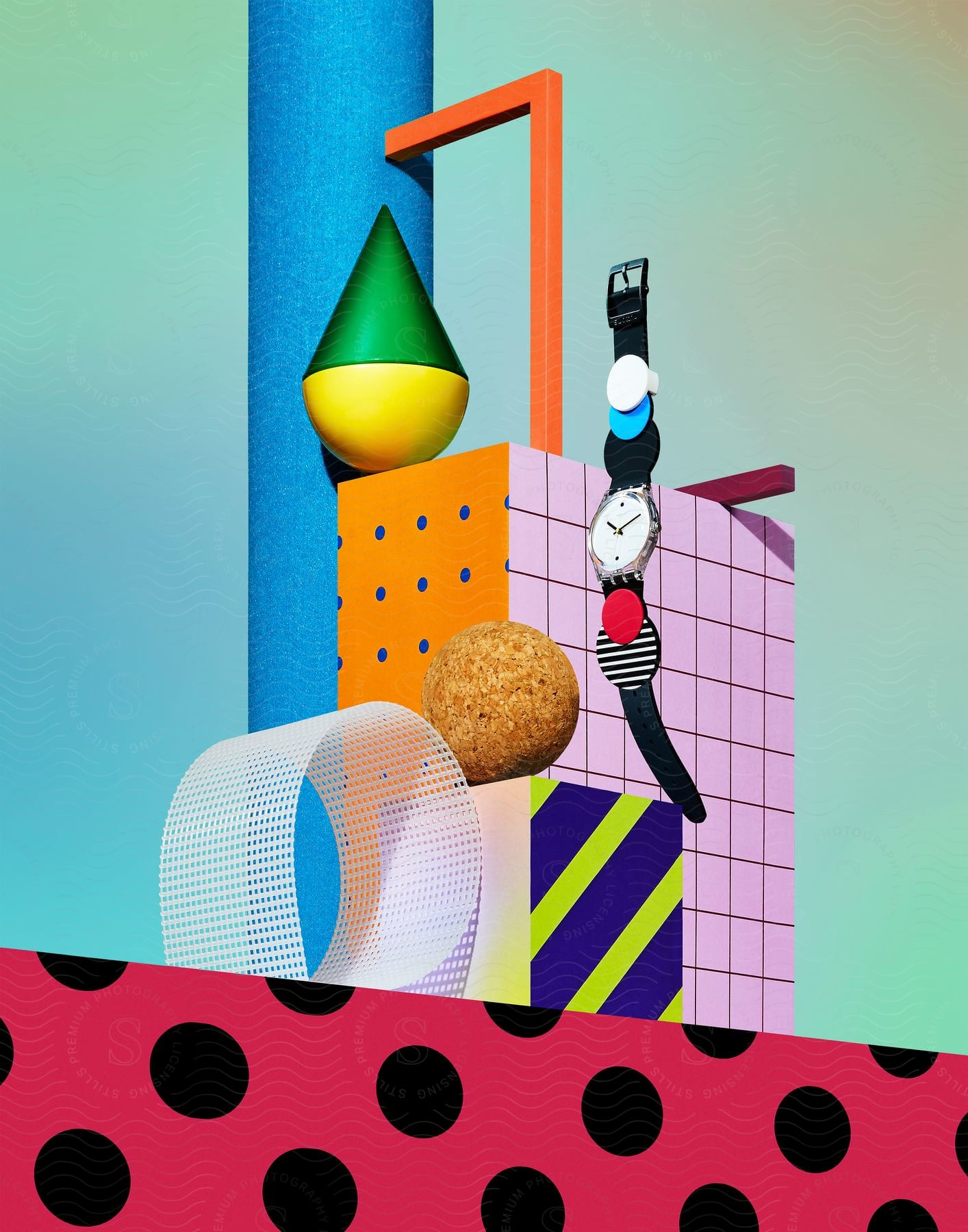 Abstract arrangement of shapes and objects including a cone, cylinders, and watches on a multicolored patterned background.