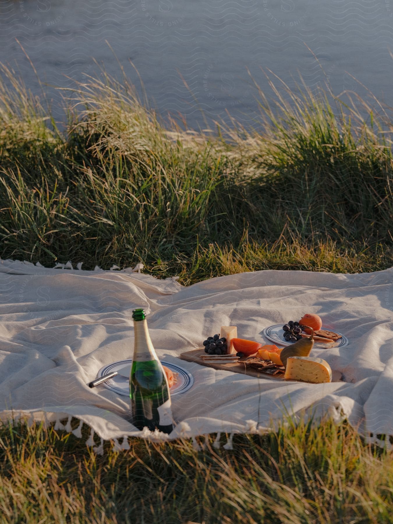 Wine bottle and plates of fruit and cheese on a blanket along the coast