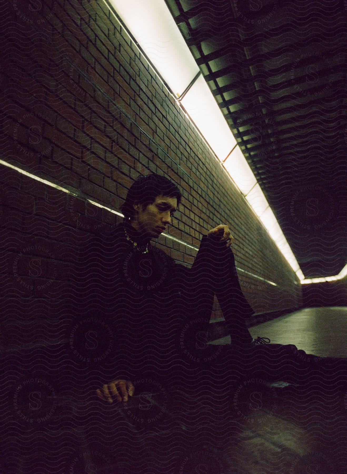 Man seated on the floor of a dimly lit tunnel with overhead fluorescent lights, brick walls, and a dark ceiling.