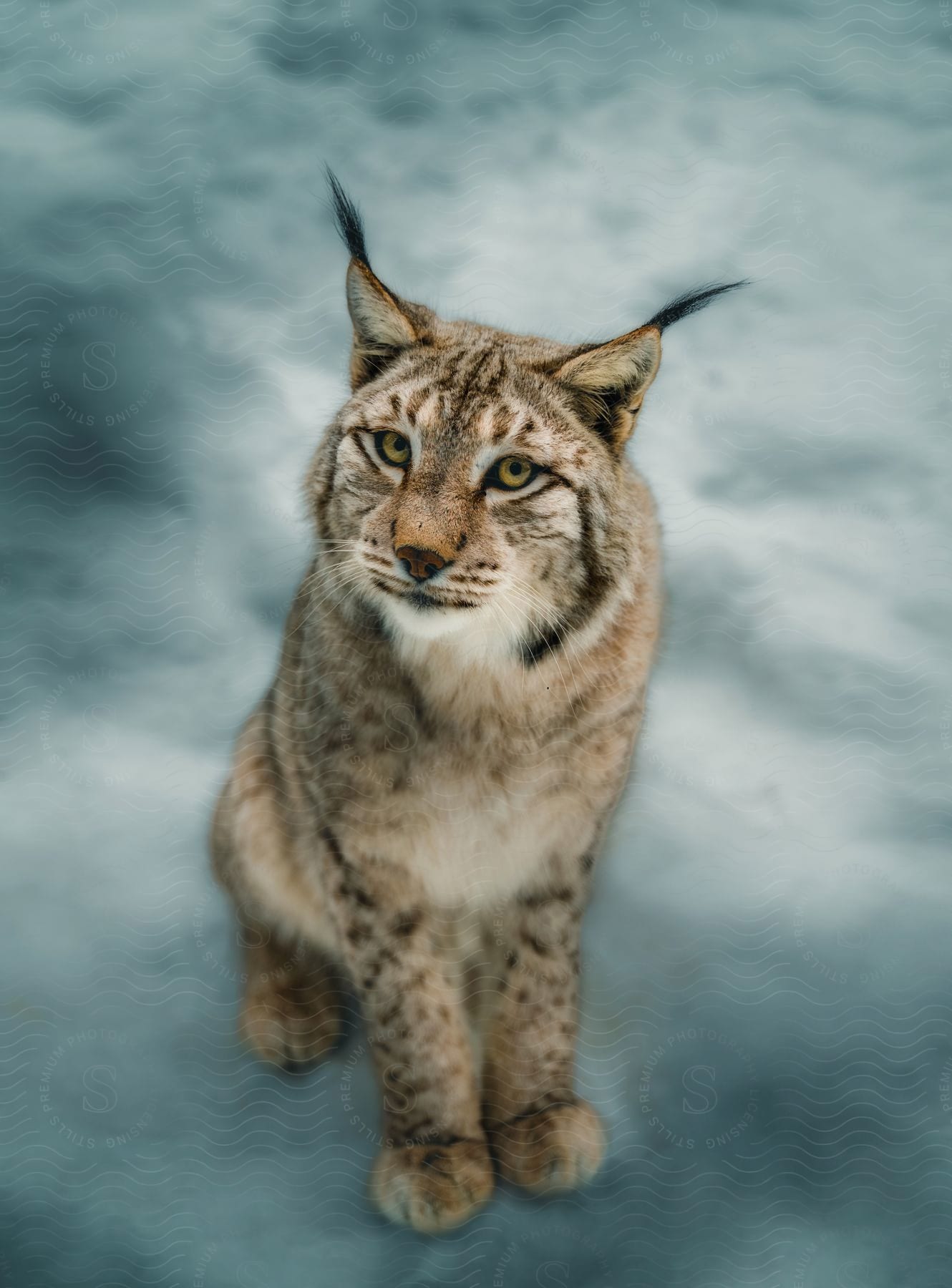 A lynx is sitting in the snow looking up