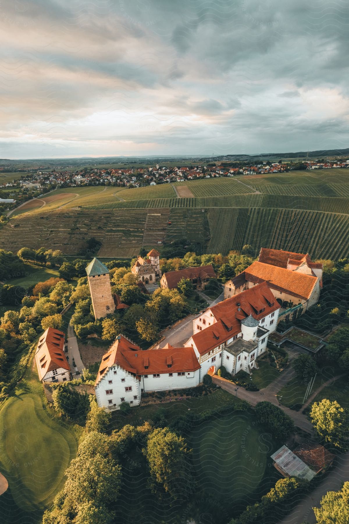 aerial view shows a stone castle with a round tower in the center, surrounded by green vineyards.