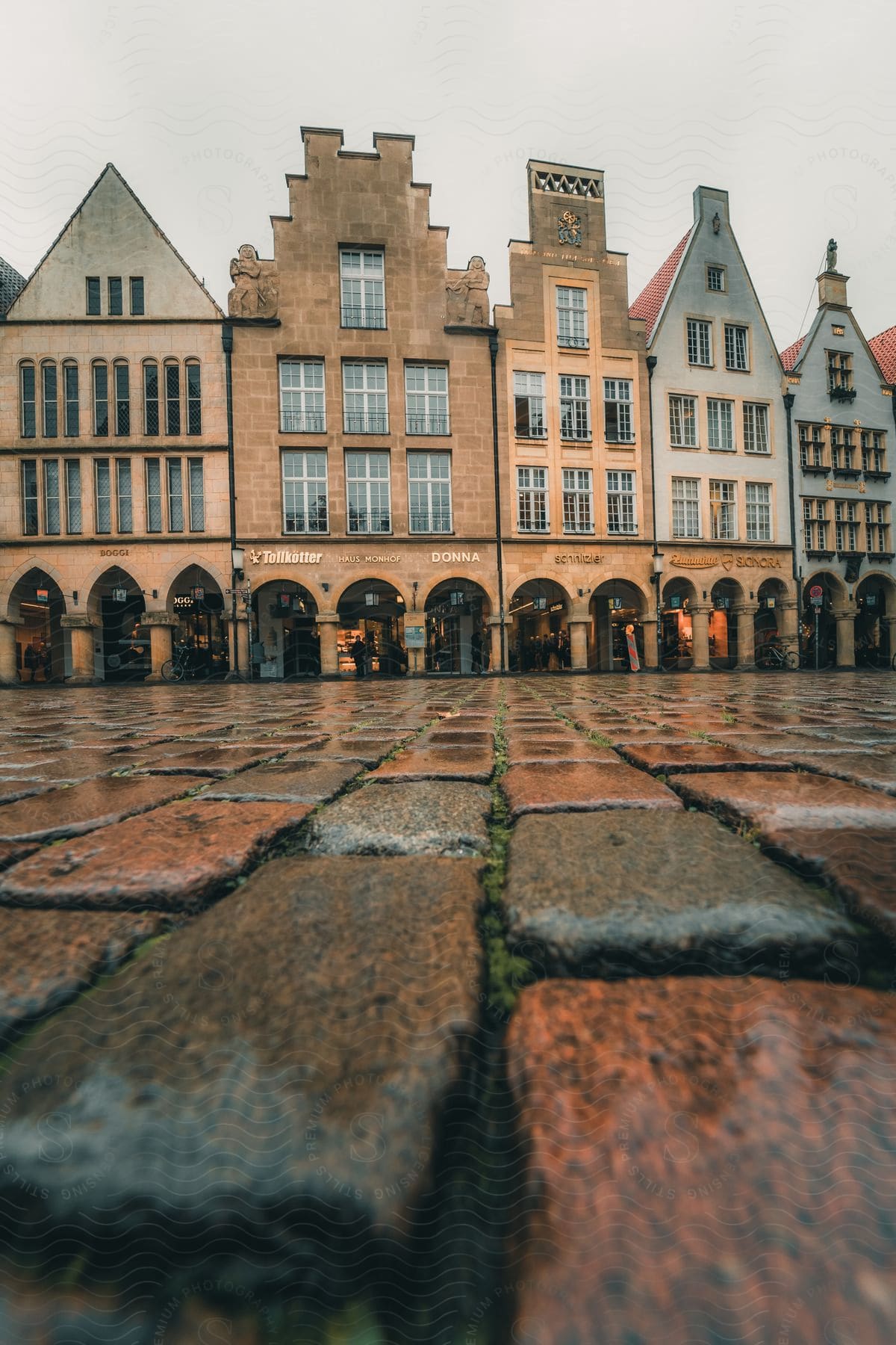 A charming view over a wet cobblestone pavement, with historic and elegant buildings in the background.